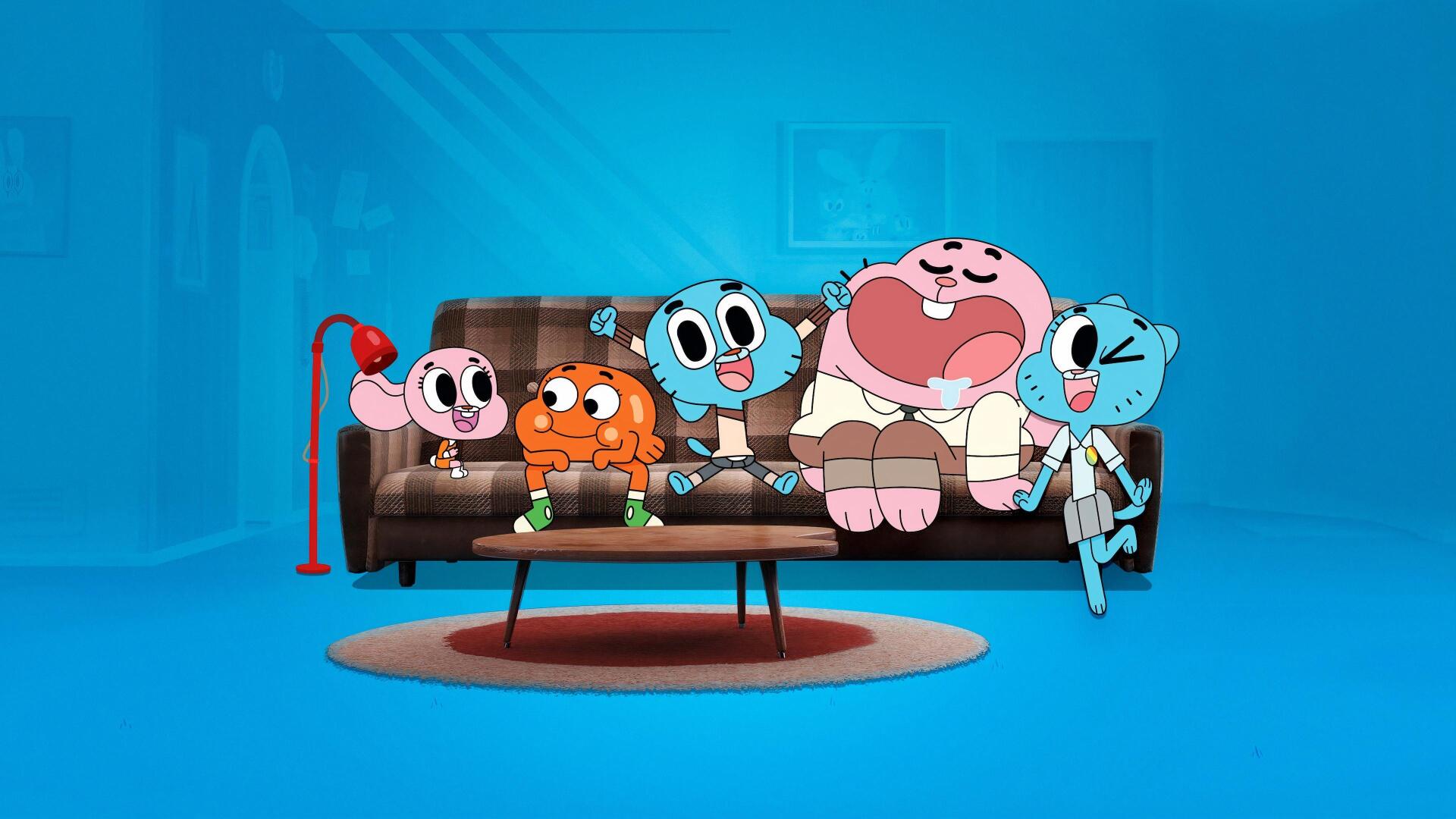 The Amazing World of Gumball 4K Ultra HD PC desktop wallpaper showing Gumball, Darwin, Anais, Nicole and Richard sitting on a couch against a bright blue background.