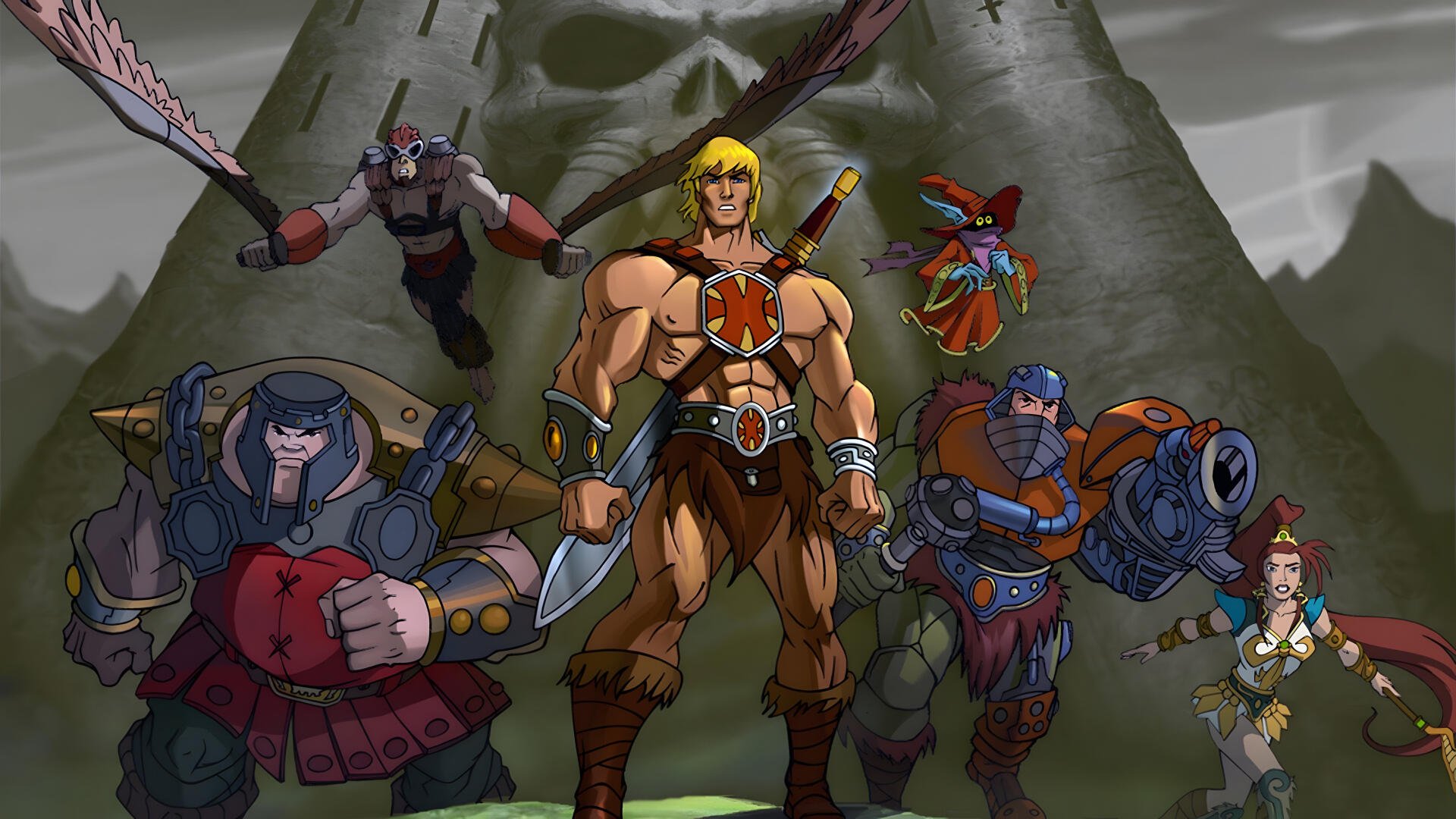 He-Man and the Masters of the Universe stand on a rocky plateau beneath stormy skies, He-Man center with armored allies and a flying companion — 4K Ultra HD PC desktop wallpaper