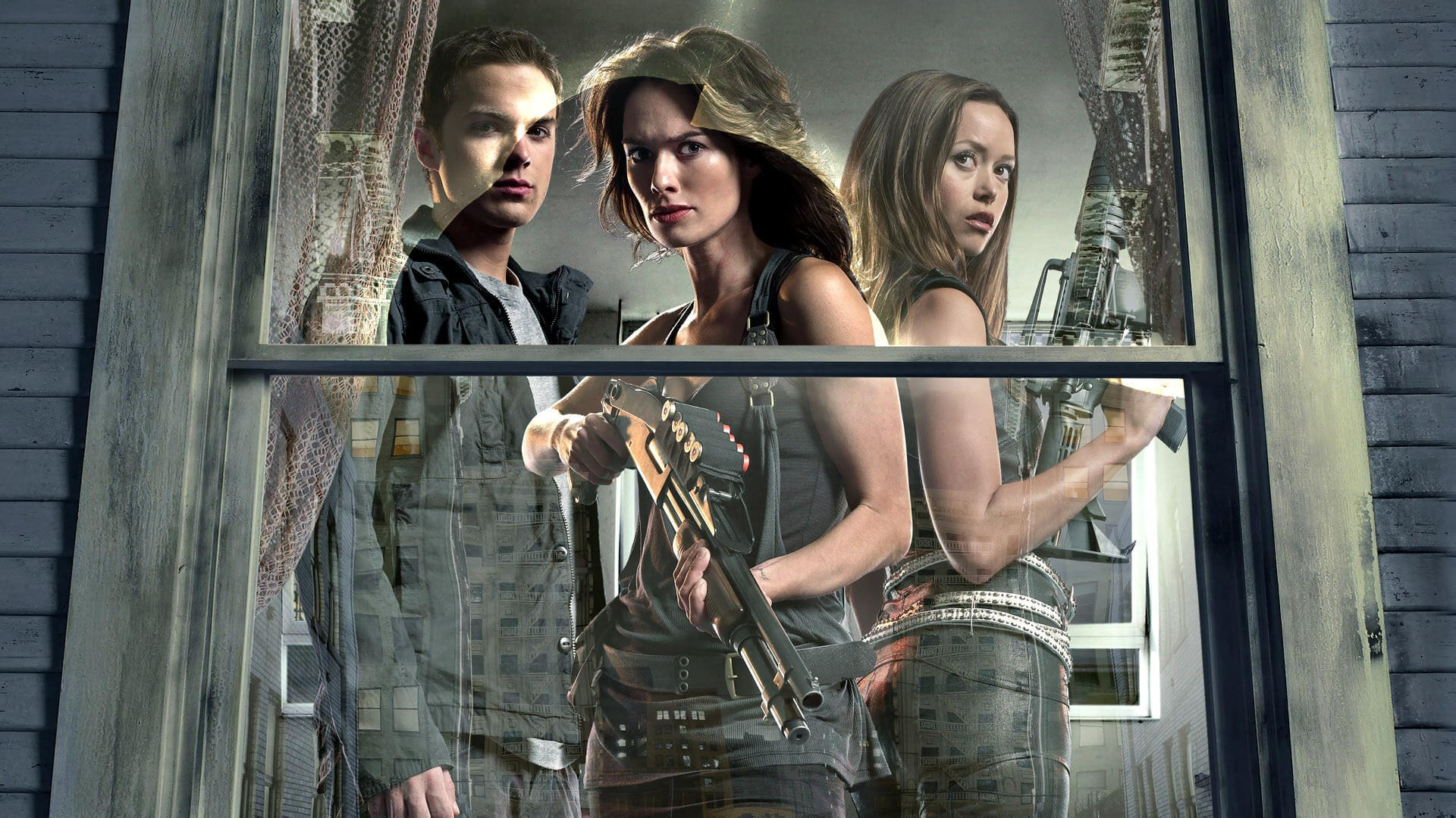 Terminator: The Sarah Connor Chronicles HD PC desktop wallpaper — three armed characters framed in a shattered window, tense and ready against a ruined urban backdrop.