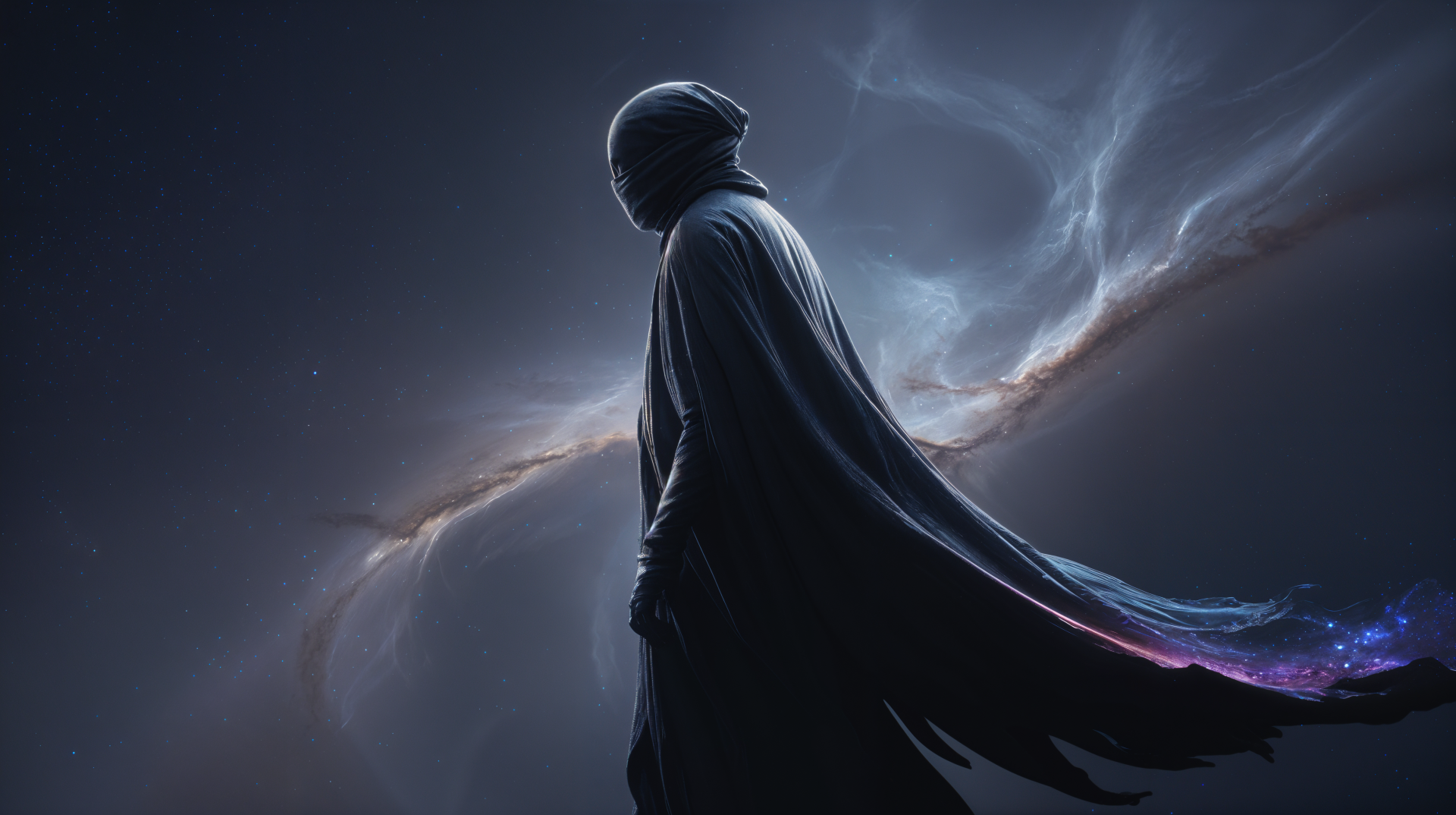 Void Walker — cloaked figure standing before a swirling nebula, a purple-streaked cape trailing starlight; 4K Ultra HD PC desktop wallpaper background.