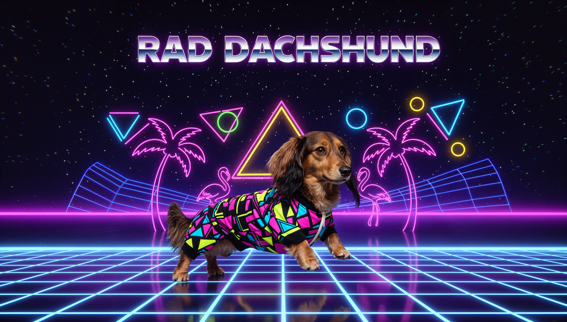 Retro neon 80s dachshund in a colorful geometric jacket on a glowing grid with palm trees and shapes — 4K Ultra HD PC desktop wallpaper.