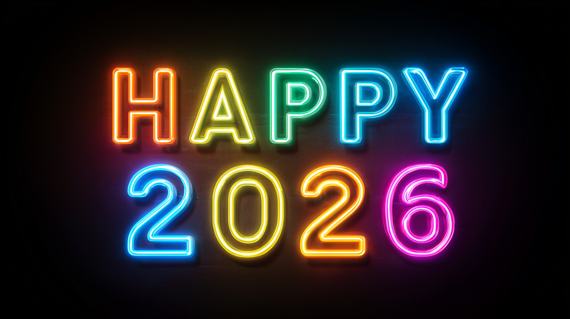 Multicolored neon HAPPY 2026 glowing on a black background — 2K Quad HD PC desktop wallpaper and Happy New Year 2026 neon sign.