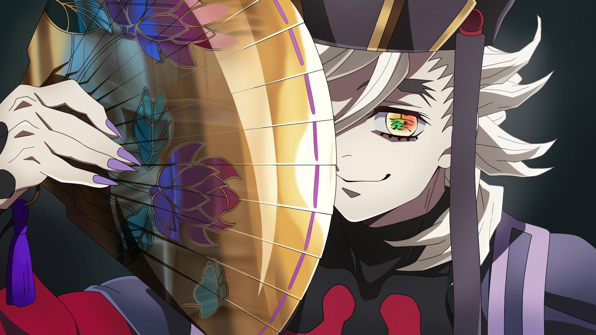 HD PC anime desktop wallpaper of Doma (Demon Slayer: Kimetsu no Yaiba — The Movie: Infinity Castle), grinning while holding a golden fan, white hair and multicolored eyes against a dark backdrop.