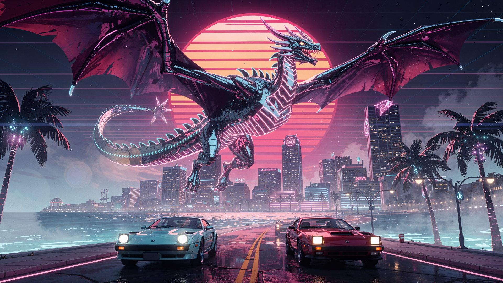 4K Ultra HD PC desktop wallpaper: neon‑lit wyvern soars over a retro‑futuristic city and magenta sun while two sports cars race along a rain‑slick palm‑lined boulevard.