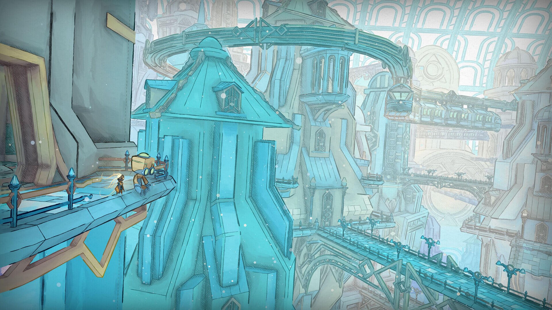 HD PC desktop wallpaper and background from the video game Mio: Memories in Orbit — teal floating cityscape with interconnected bridges and airy platforms.