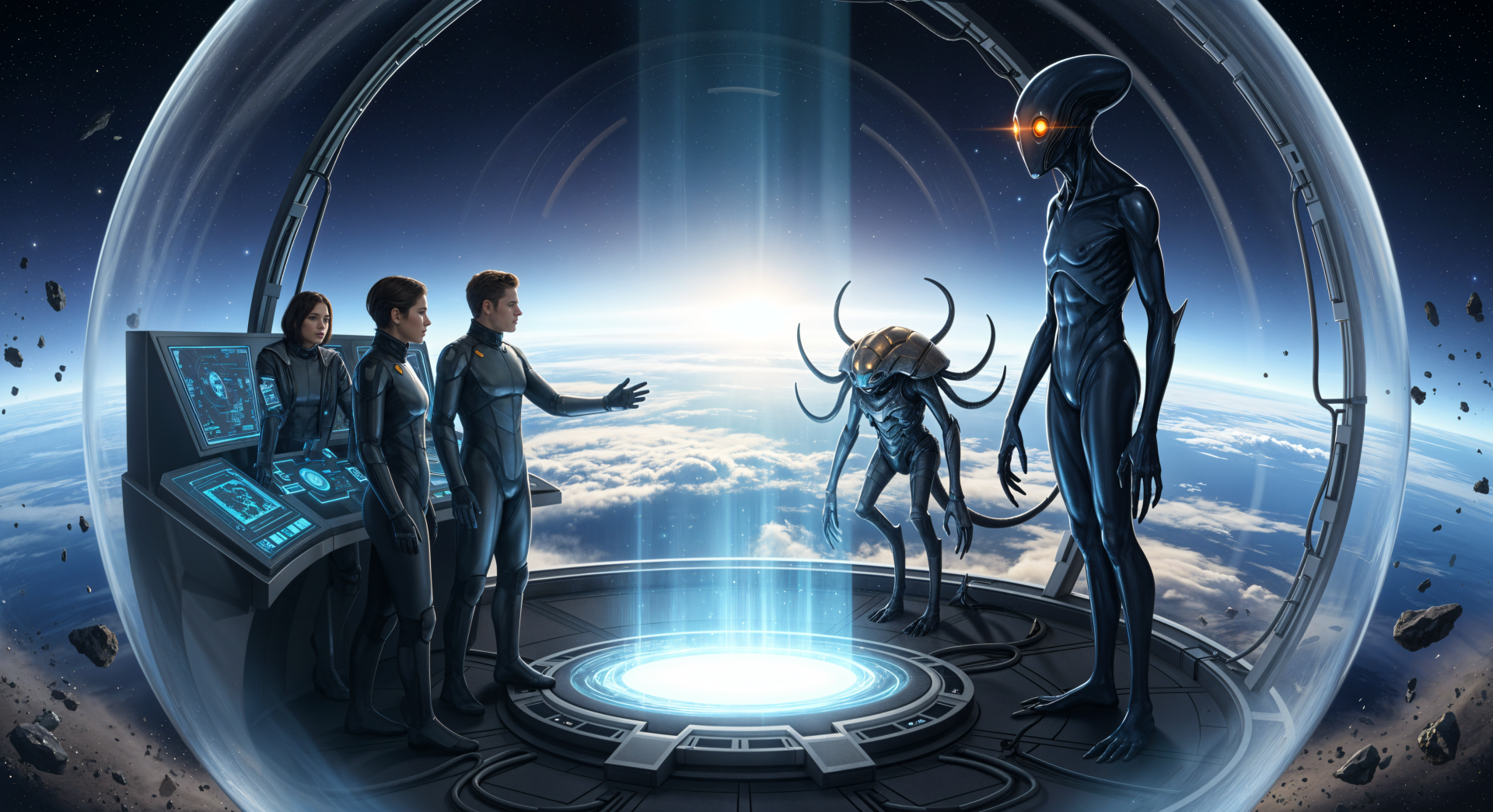 4K Ultra HD PC Desktop Wallpaper and Background: crew in a glass orbital observatory confront two alien beings above Earth, a glowing holographic platform and control consoles.