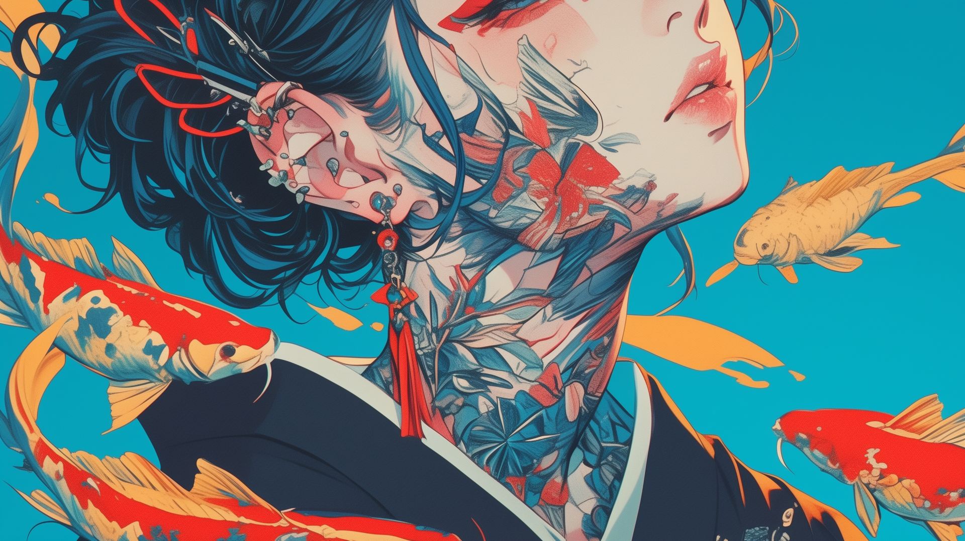 AI-art anime girl with koi swimming around her, floral neck tattoos and ornate earrings in vivid teal and red — 2K Quad HD PC desktop wallpaper/background.