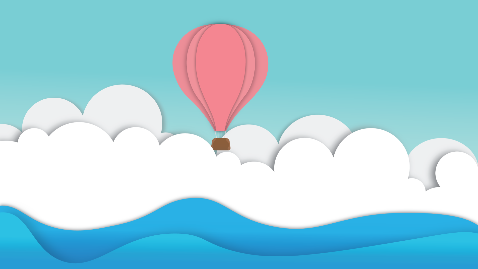 Abstract illustration, minimalistic design 2K Quad HD PC desktop wallpaper: pink hot-air balloon rising above layered white clouds and stylized blue waves against a teal sky.
