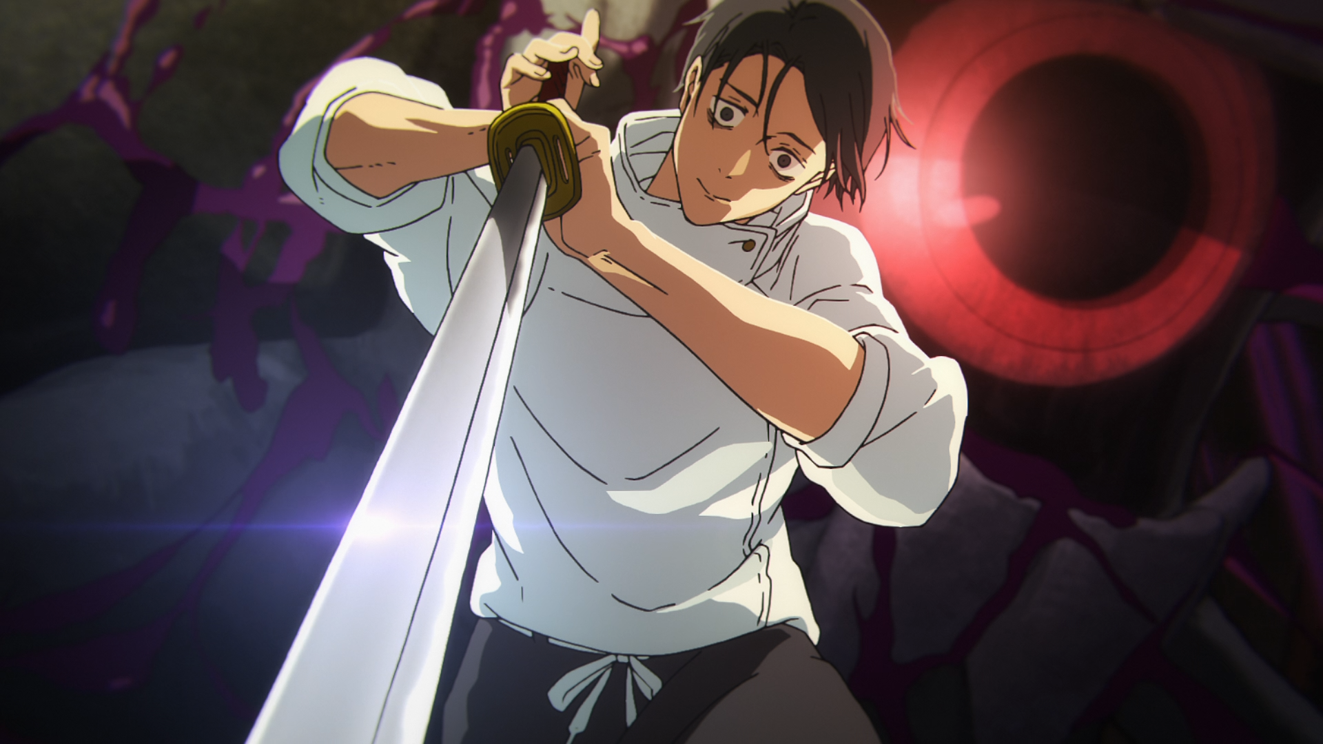 Anime HD PC desktop wallpaper of Yuta Okkotsu from Jujutsu Kaisen gripping a drawn sword with a glowing red eye looming behind him.