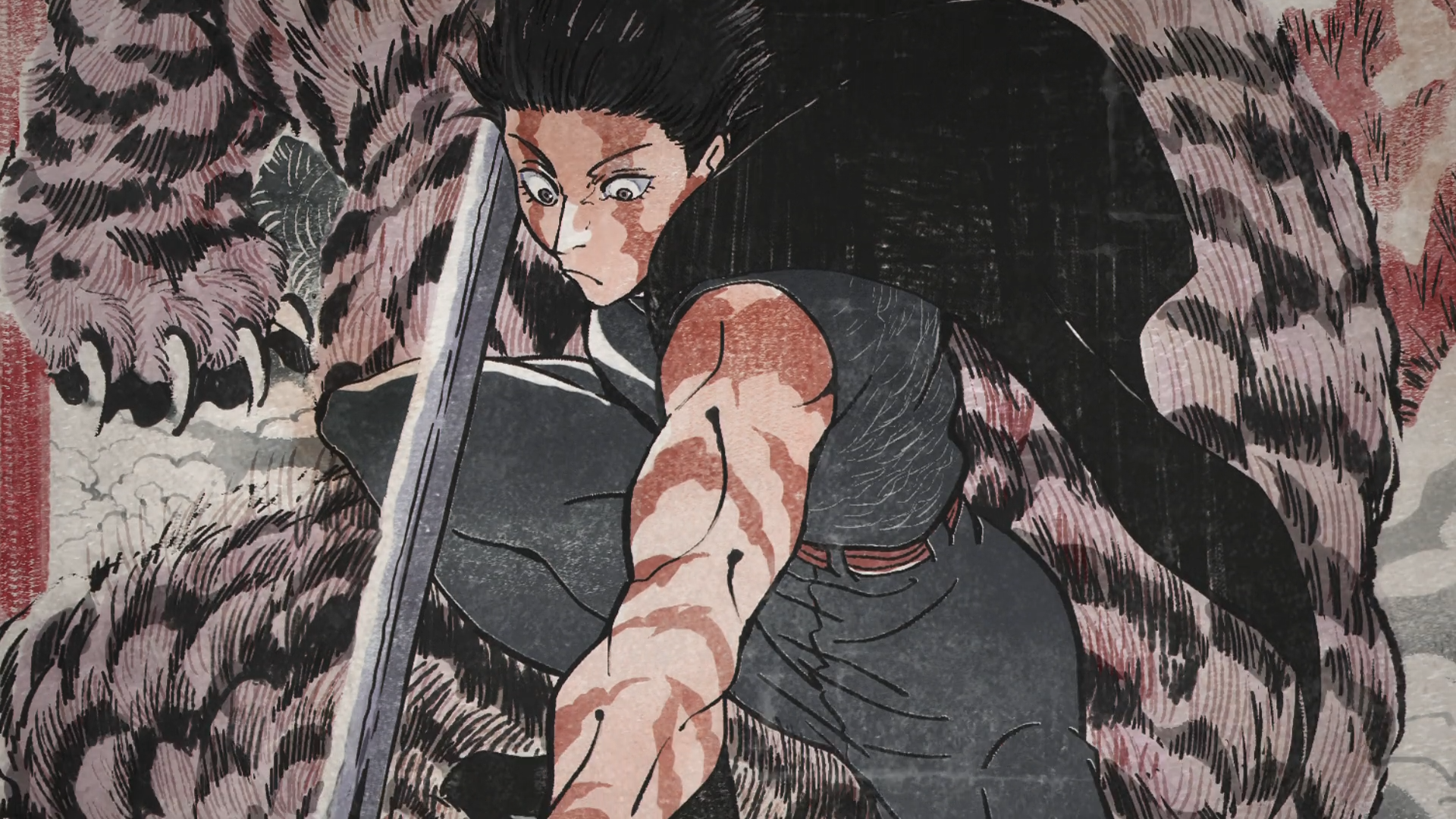 Anime Jujutsu Kaisen HD PC desktop wallpaper: fierce fighter lunging with a long sword, blood-streaked arm and torn clothing set against a dark, textured background.