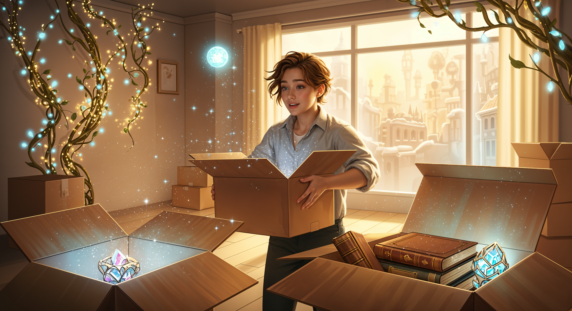 4K Ultra HD PC desktop wallpaper and background: warm digital illustration of a smiling person unpacking glowing treasures and books in a sunlit room with fairy lights and a city view.