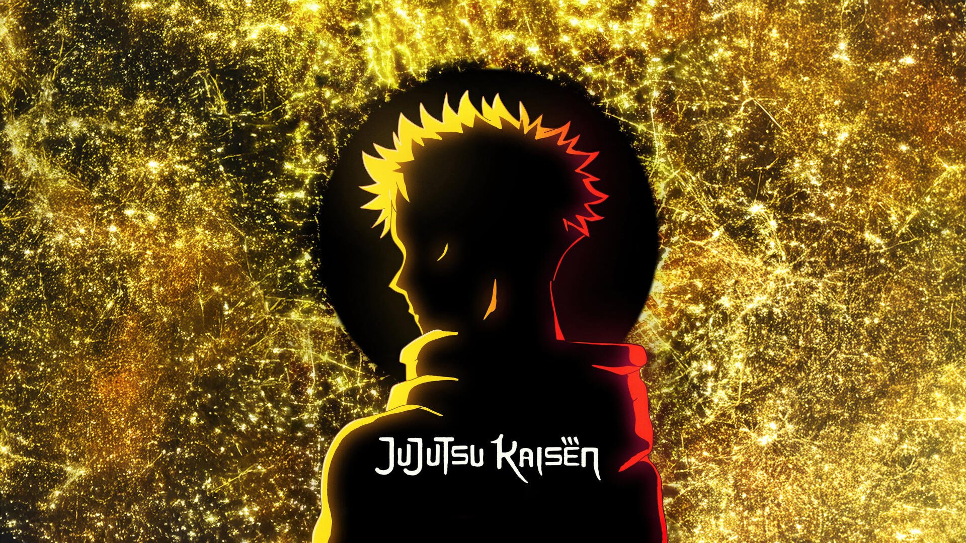 Anime Jujutsu Kaisen 5K Ultra HD PC desktop wallpaper of Yuji Itadori silhouetted against a glittering gold backdrop, red hoodie and the series logo at the bottom.