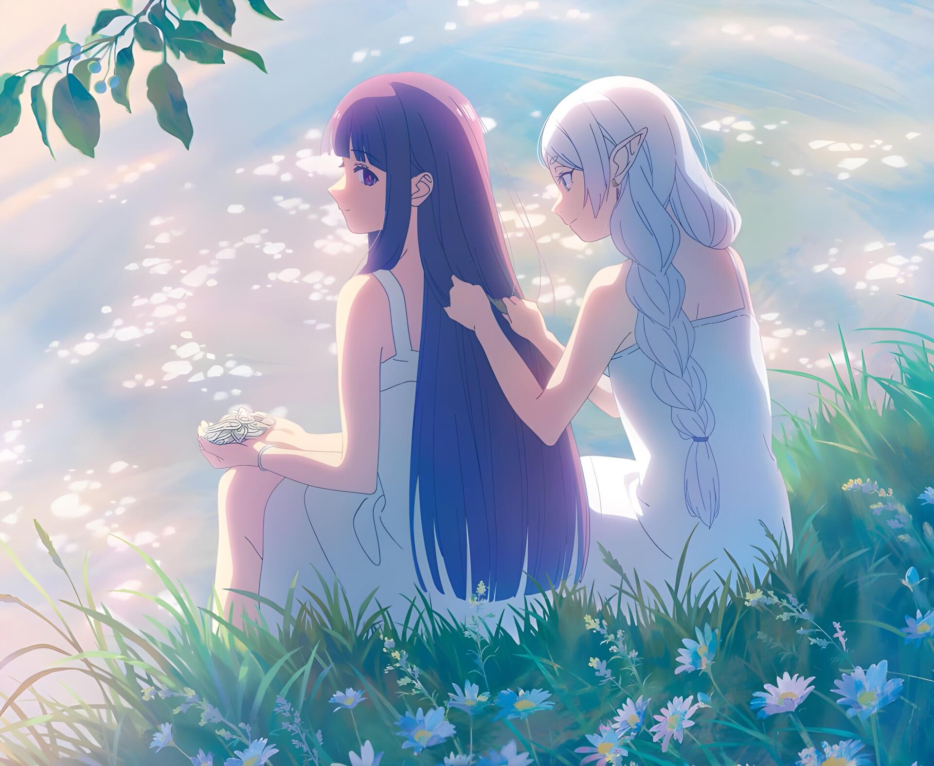 2K Quad HD anime wallpaper from Frieren: Beyond Journey's End — Frieren gently braiding Fern's long dark hair as they sit by a sunlit, sparkling riverside with soft pastel light.