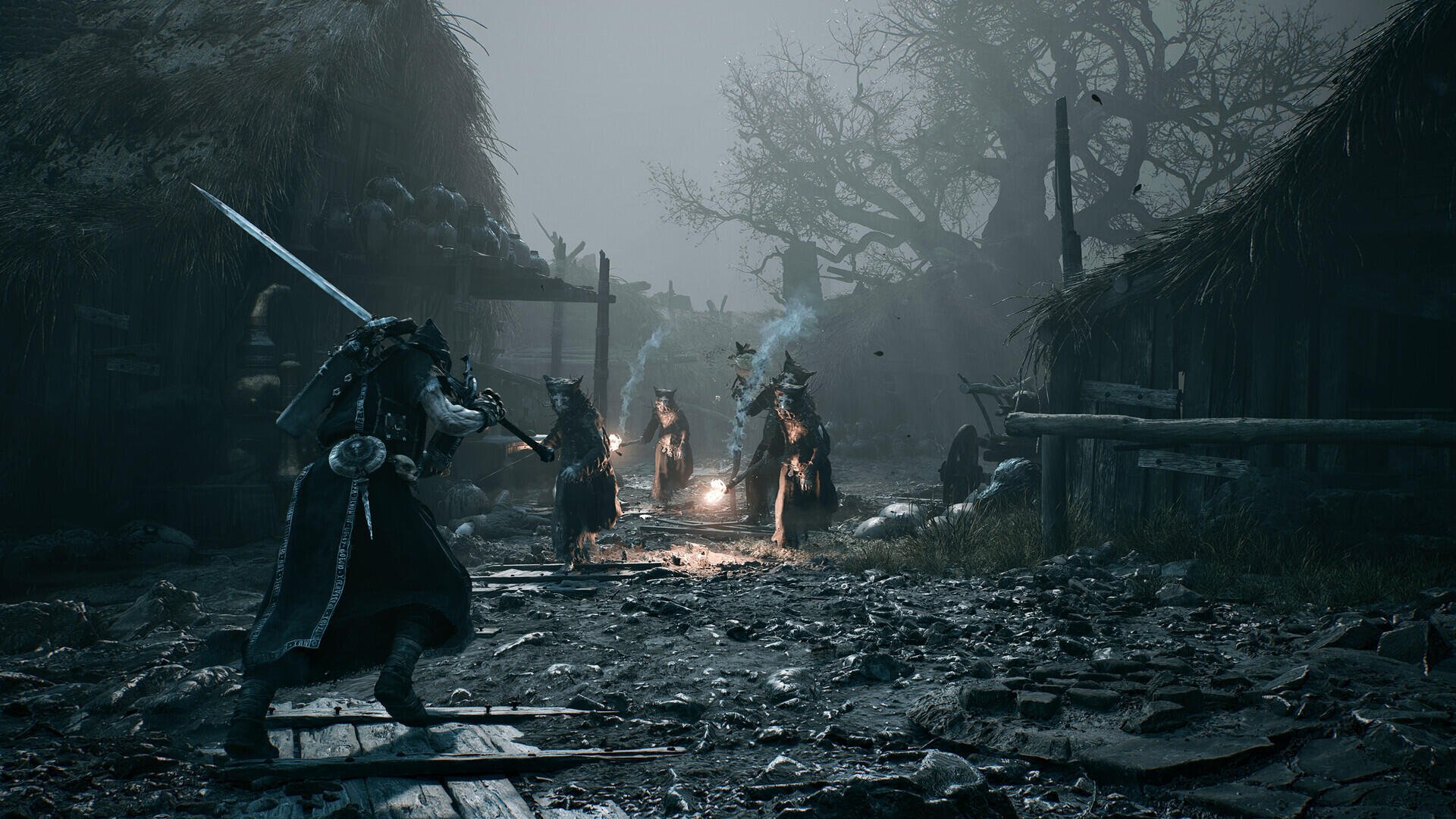 HD PC desktop wallpaper from the video game Mortal Shell II: rain-soaked ruined village where armored warriors face off around a glowing brazier.