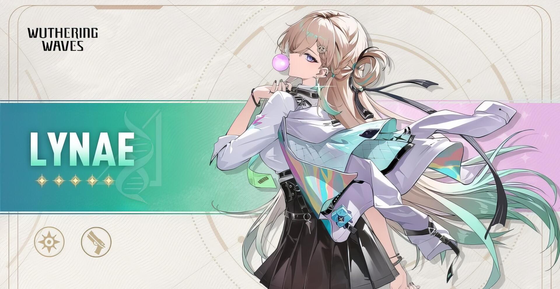 HD PC desktop wallpaper/background of Lynae (Wuthering Waves): pastel sci‑fi portrait with flowing hair, translucent coat, teal accents and a minimalist circular motif.