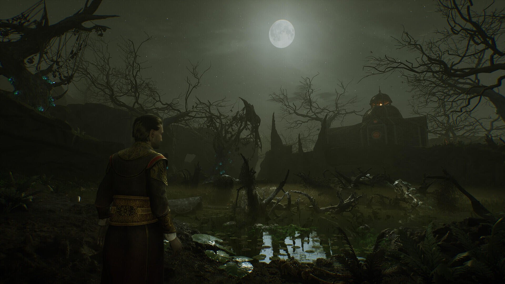 HD PC desktop wallpaper and background for the video game Vampires: Bloodlord Rising — a moonlit swamp with a cloaked figure, twisted trees, glowing eyes and a distant ruined manor.