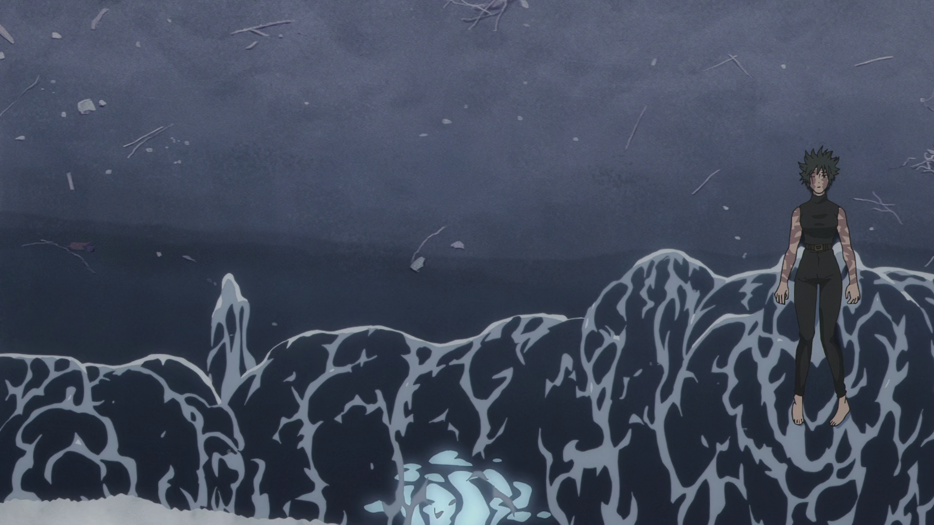 HD PC desktop wallpaper of Maki Zenin from Jujutsu Kaisen 3rd Season — anime scene of her standing beside dark, swirling energy waves beneath a stormy sky.