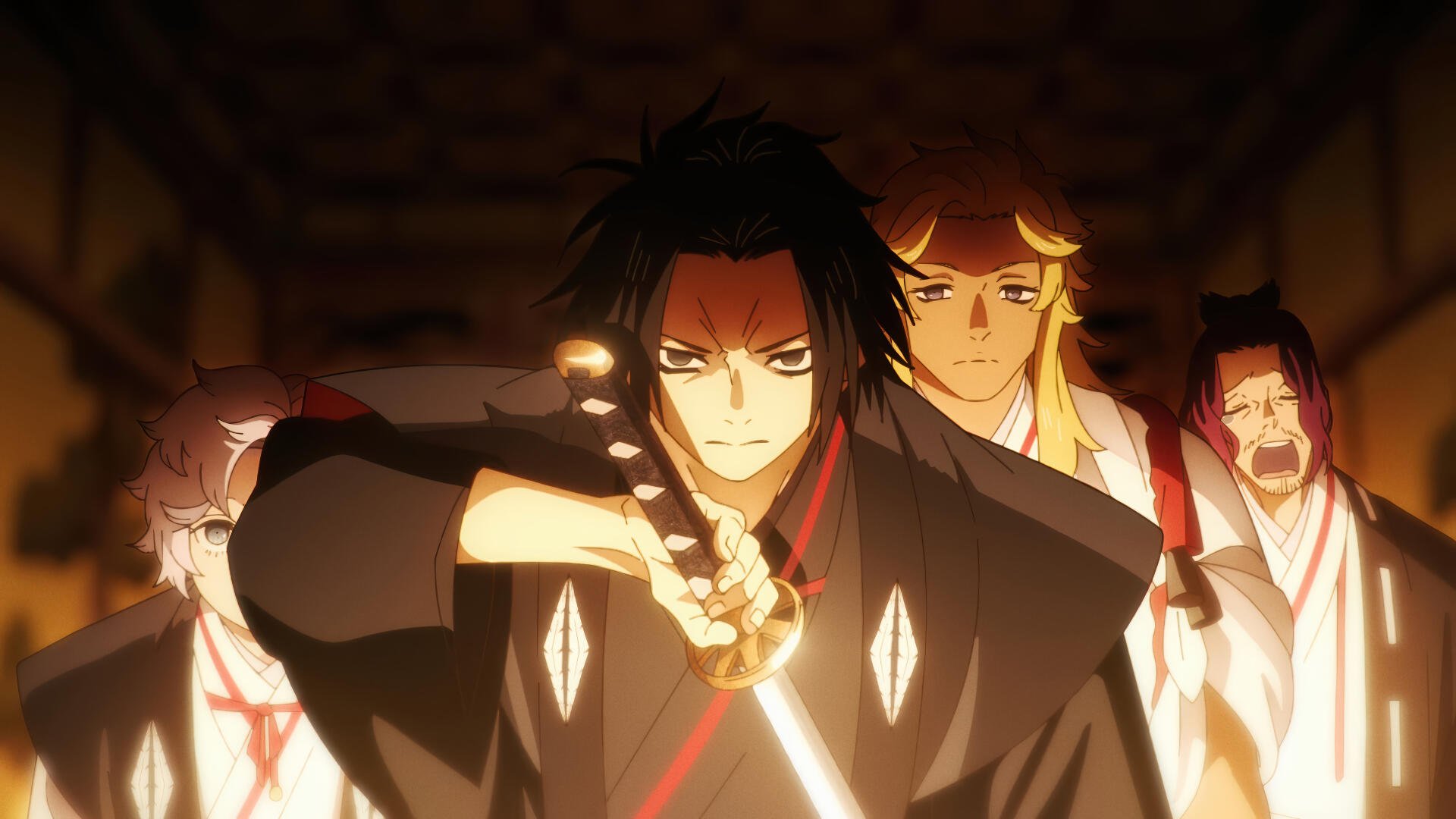 Anime Hell's Paradise anime samurai 4K Ultra HD PC desktop wallpaper/background: stern samurai draws his sword in a torchlit hall as companions stand behind him.