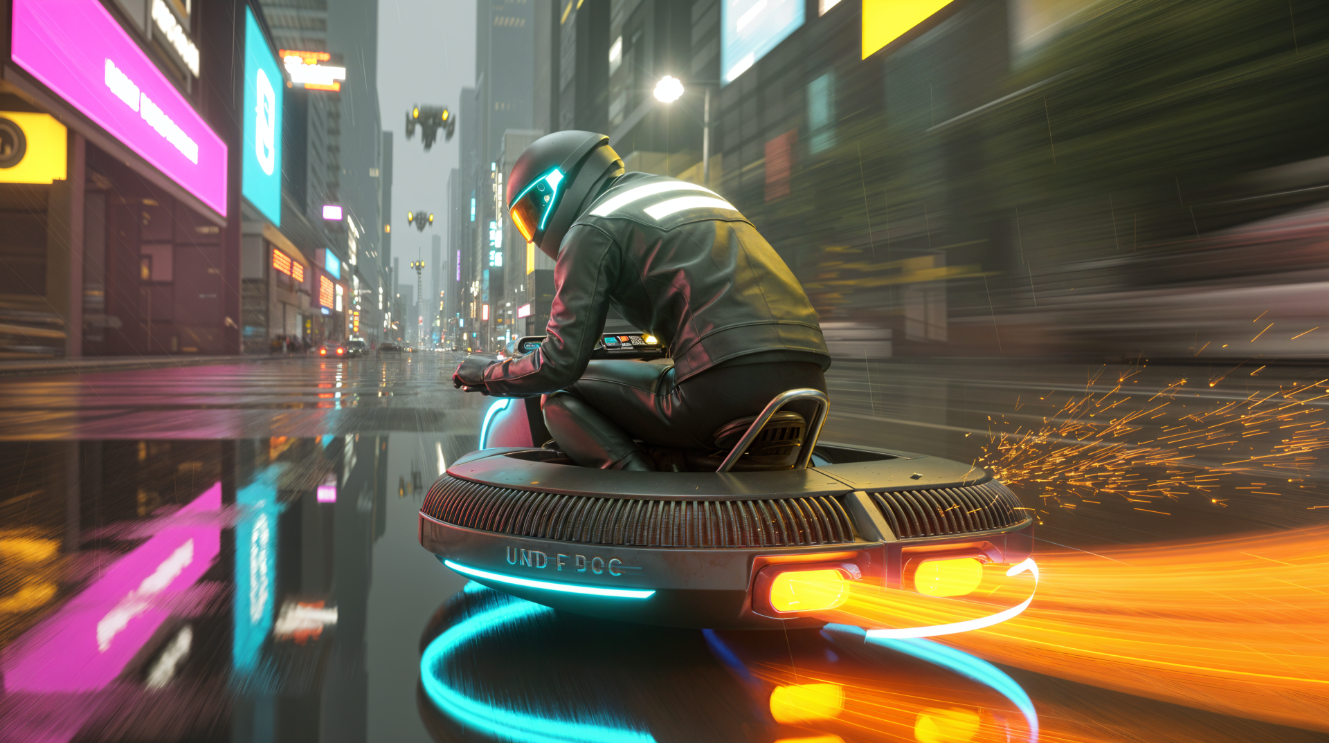 Futuristic rider on a glowing hoverbike racing through neon rain-soaked city streets, sparks trailing — 4K Ultra HD PC Desktop Wallpaper and Background.