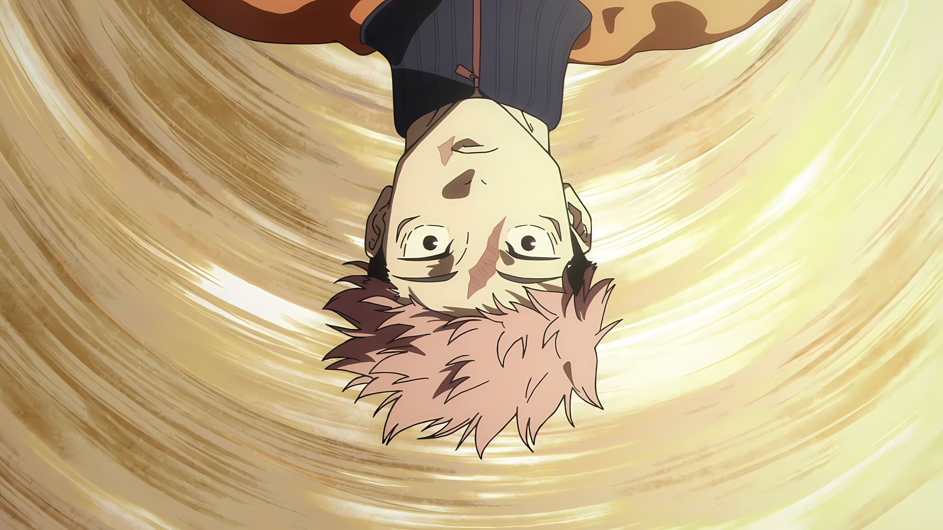 Anime 4K Ultra HD PC wallpaper: Upside-down close-up of Yuji Itadori from Jujutsu Kaisen 3rd Season against a swirling beige background.
