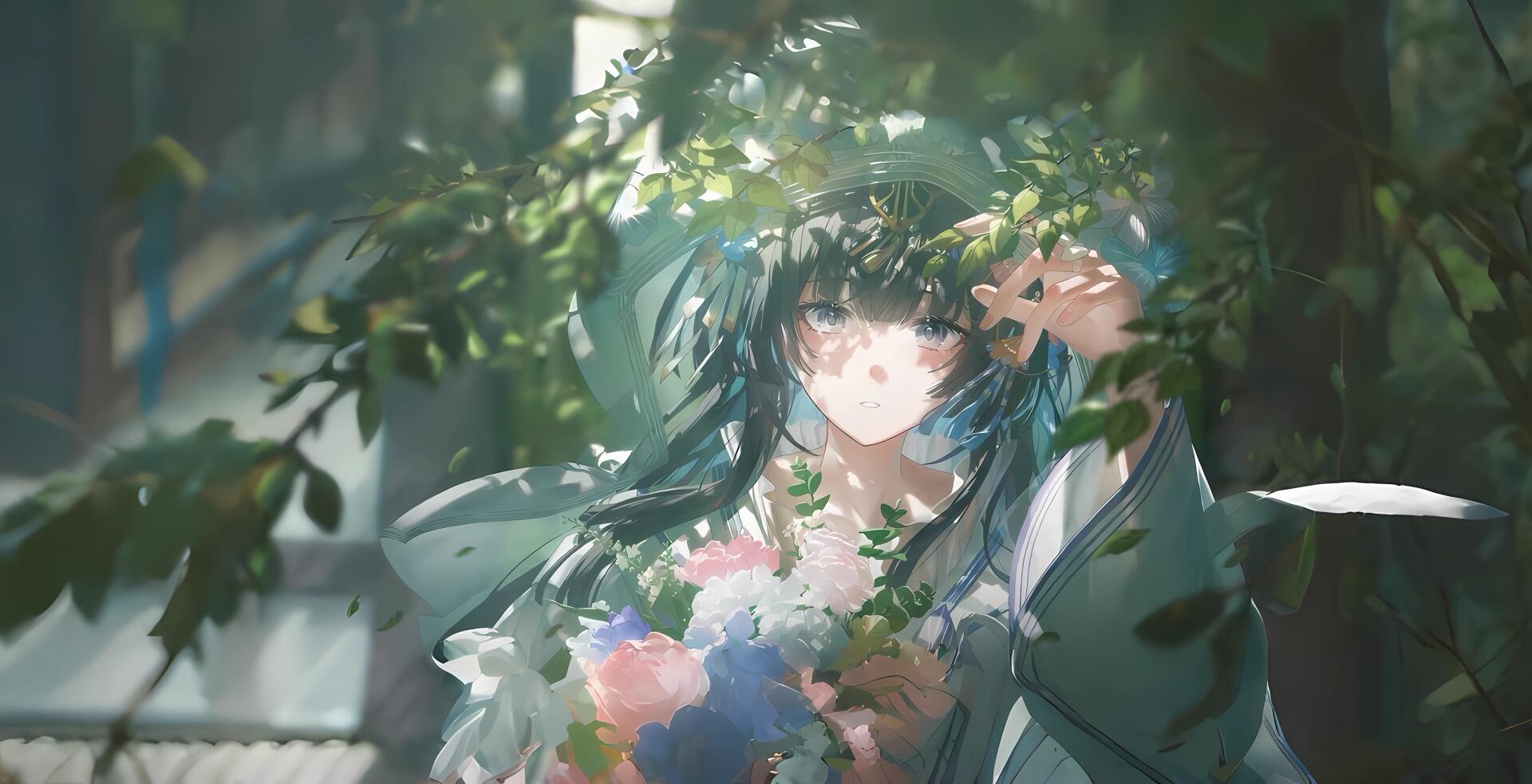 Ethereal anime girl with teal hair and bouquet framed by sunlit leaves, soft painterly tones — 4K Ultra HD PC Desktop Wallpaper and Background.