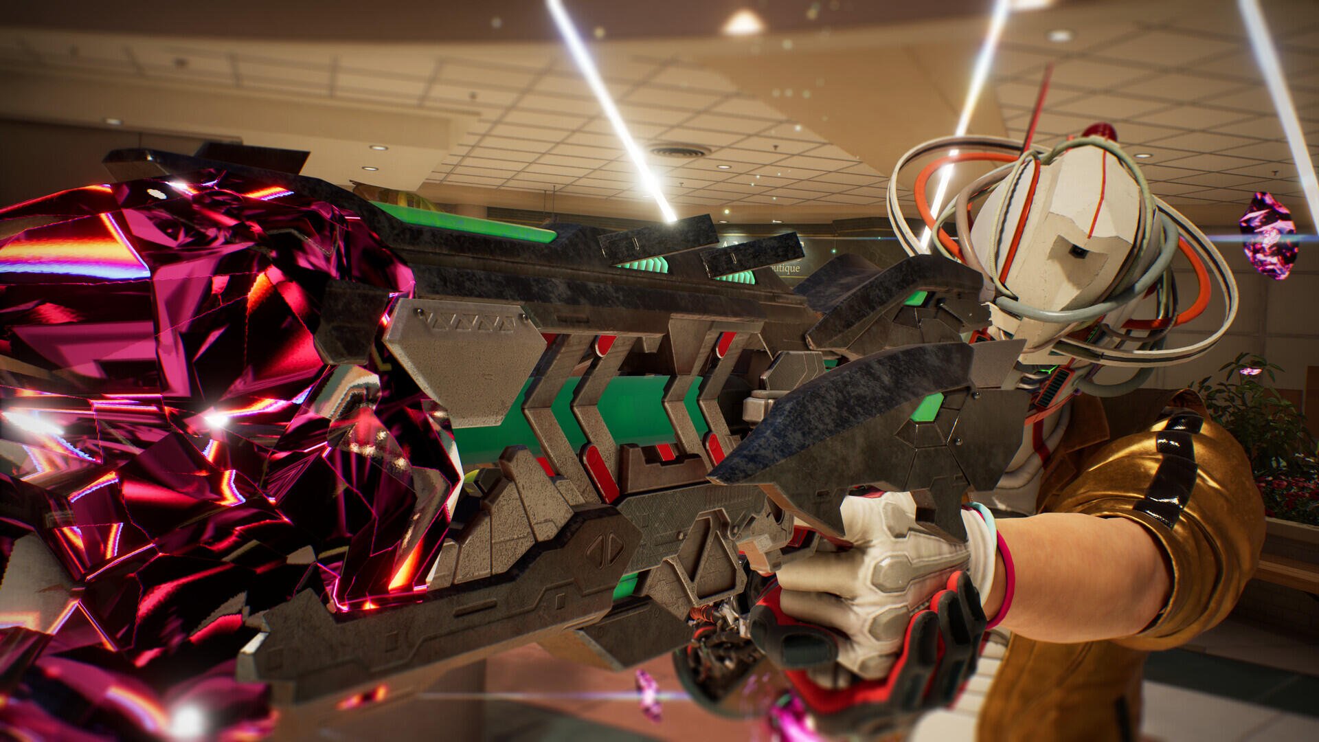HD PC desktop wallpaper/background: video game 'Romeo is a Dead Man' — helmeted character aims a neon, cybernetic rifle in a glossy, futuristic interior.