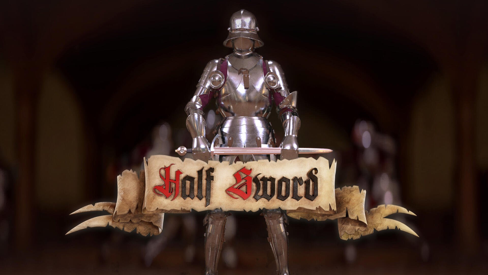 Video game 2K Quad HD PC desktop wallpaper: armored knight in plate armor stands behind a torn parchment banner reading Half Sword, dim medieval hall background.