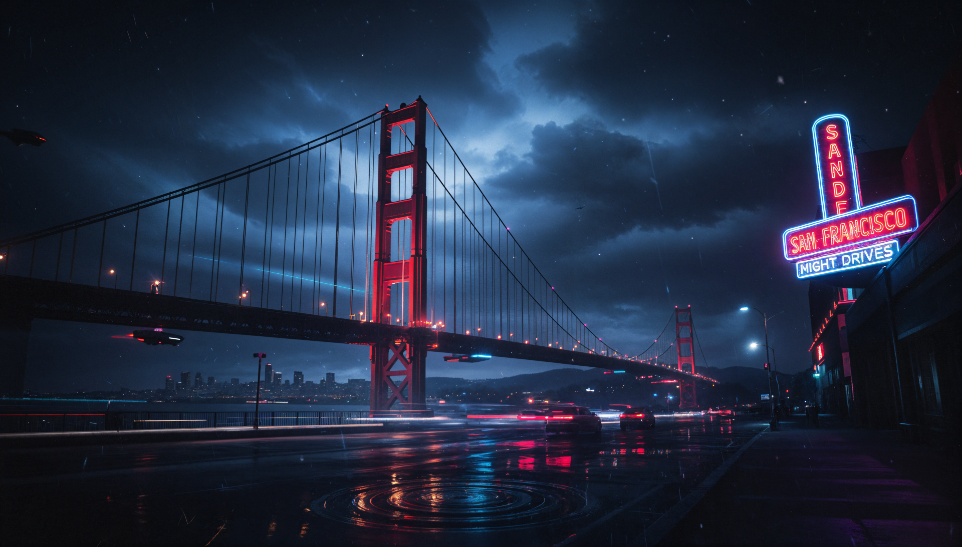 Moody nighttime view of the Golden Gate Bridge reflected in wet pavement, neon San Francisco sign at right — 4K Ultra HD PC desktop wallpaper and background.