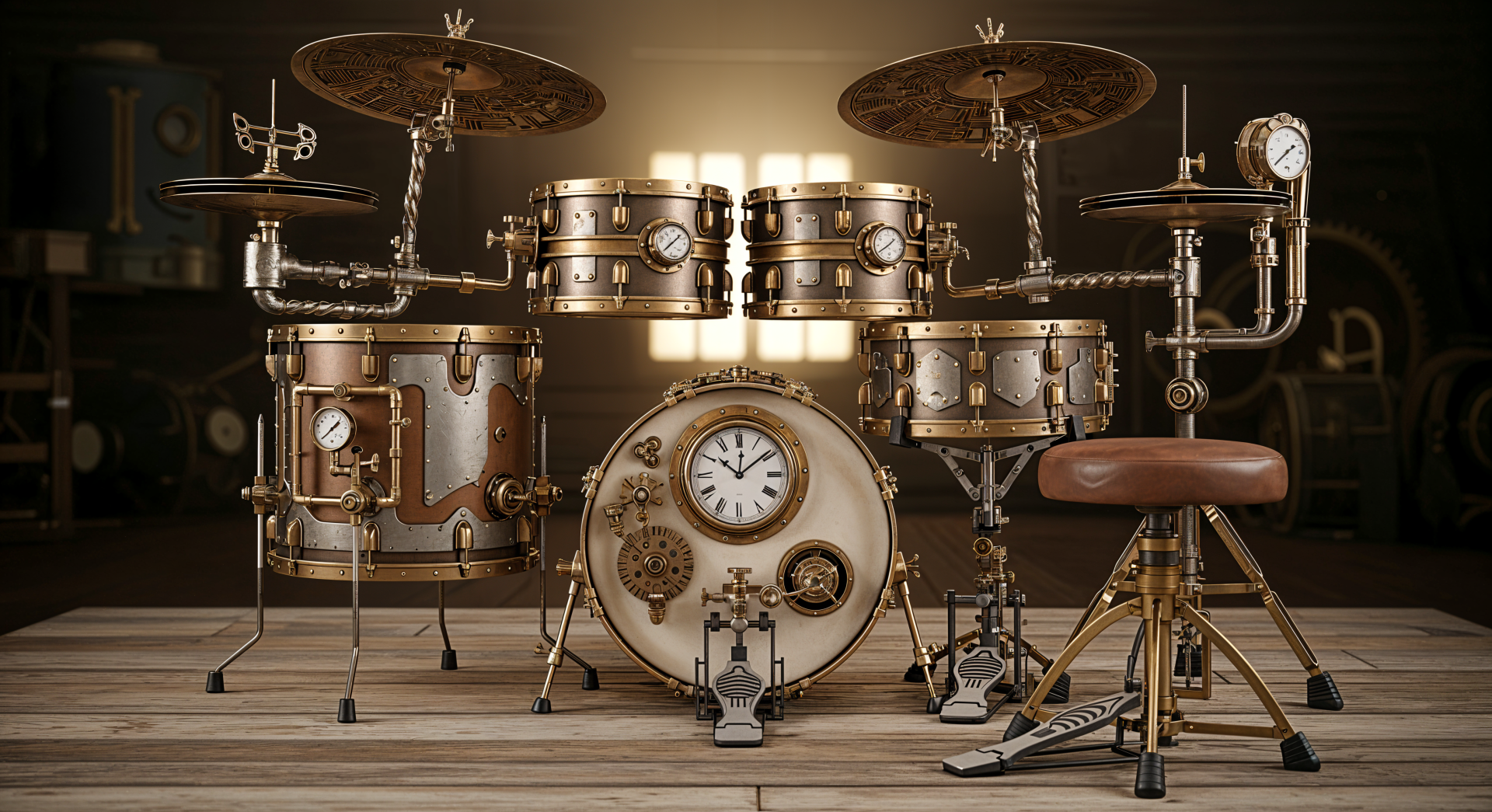 Steampunk drum set with brass gears and a central clock, warm studio lighting on a wooden floor — 4K Ultra HD PC desktop wallpaper and background.