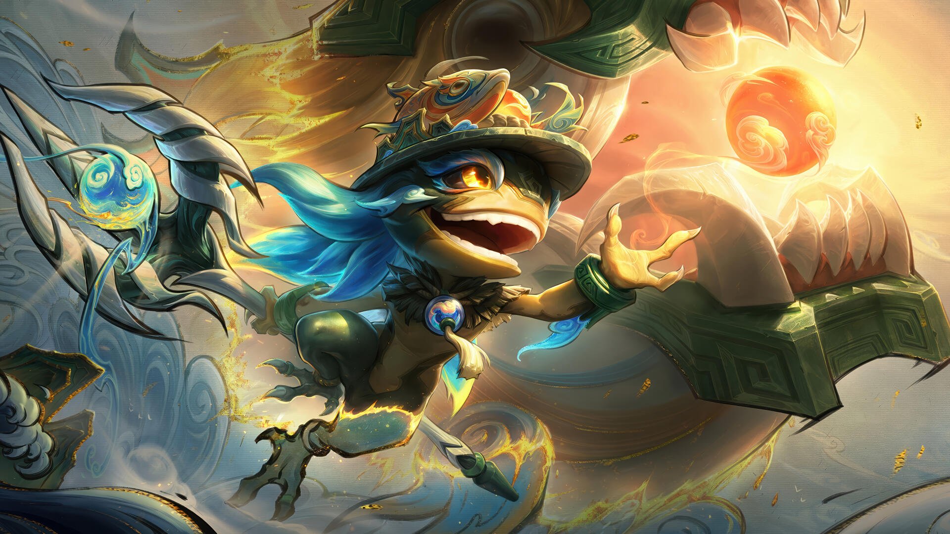 4K Ultra HD PC desktop wallpaper of League of Legends MOBA champion Fizz leaping with glowing orbs, turquoise hair and sea‑themed armor amid swirling waves and golden light.