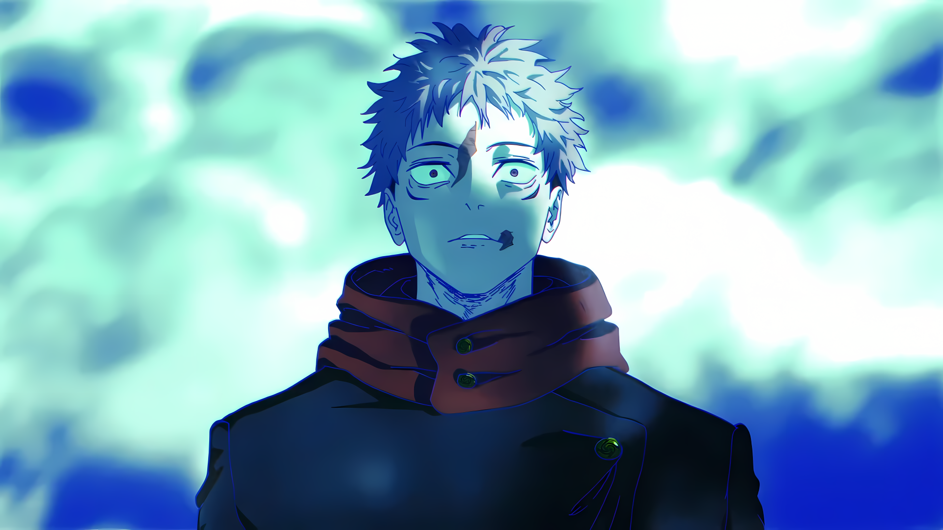8K Ultra HD blue-toned desktop wallpaper of Yuji Itadori (Jujutsu Kaisen 3rd Season) with a shocked expression against a misty cyan background.