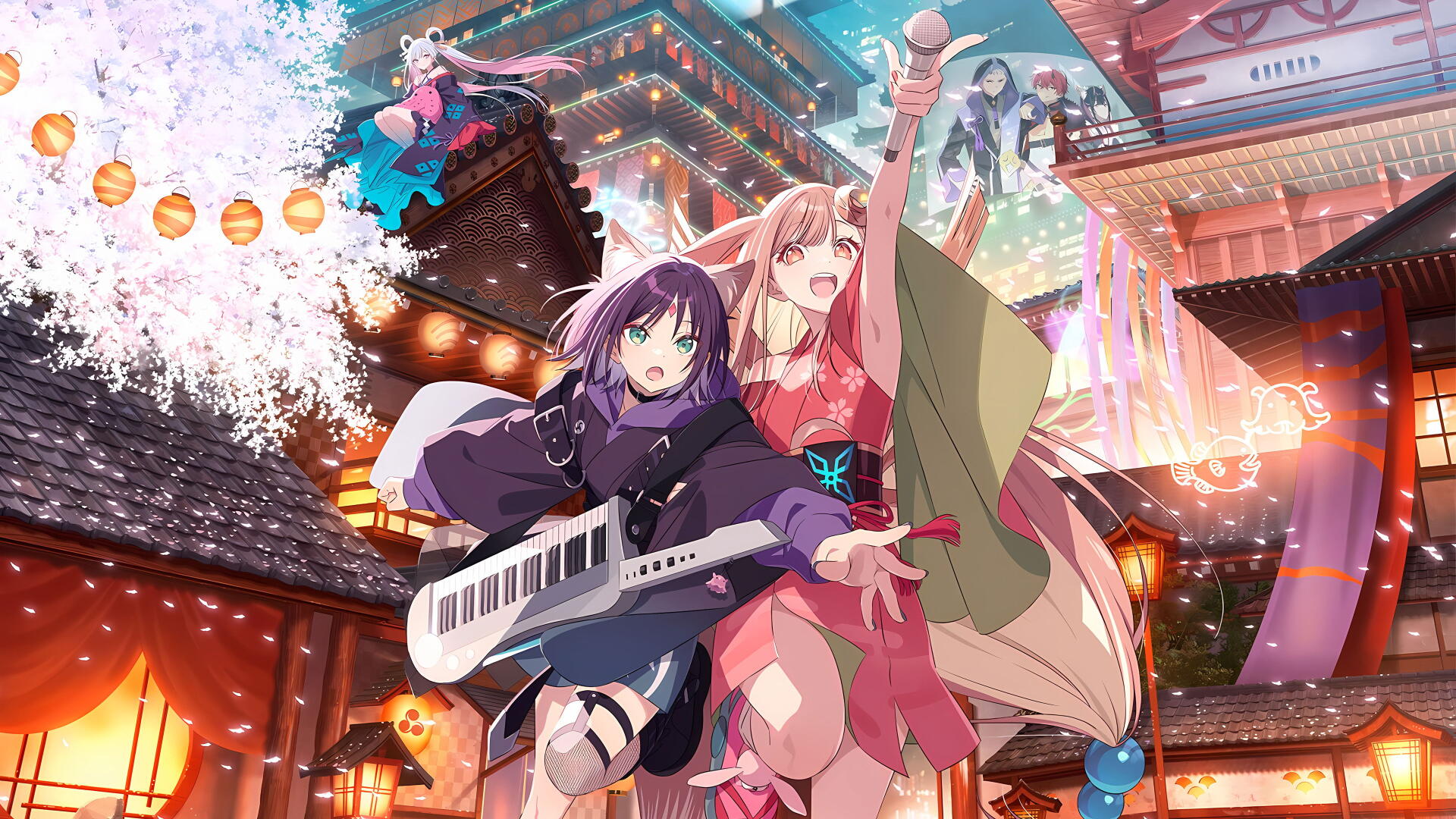 Cosmic Princess Kaguya! 4K Ultra HD PC desktop wallpaper and background: two anime heroines—keytarist and pink-robed singer—perform in a neon-lit temple festival under cherry blossoms and lanterns.
