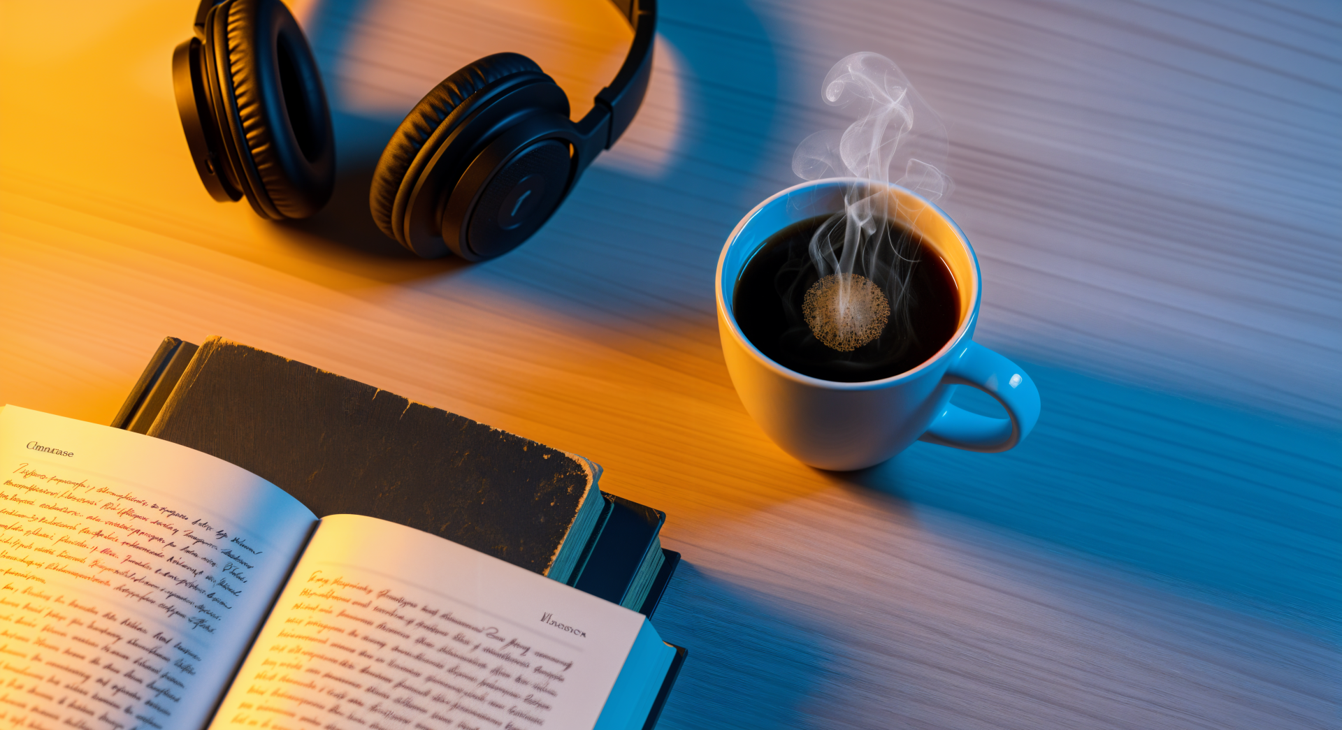 4K Ultra HD PC Desktop Wallpaper and Background: steaming cup of coffee, open book and headphones on a wooden desk bathed in warm orange and cool blue light.