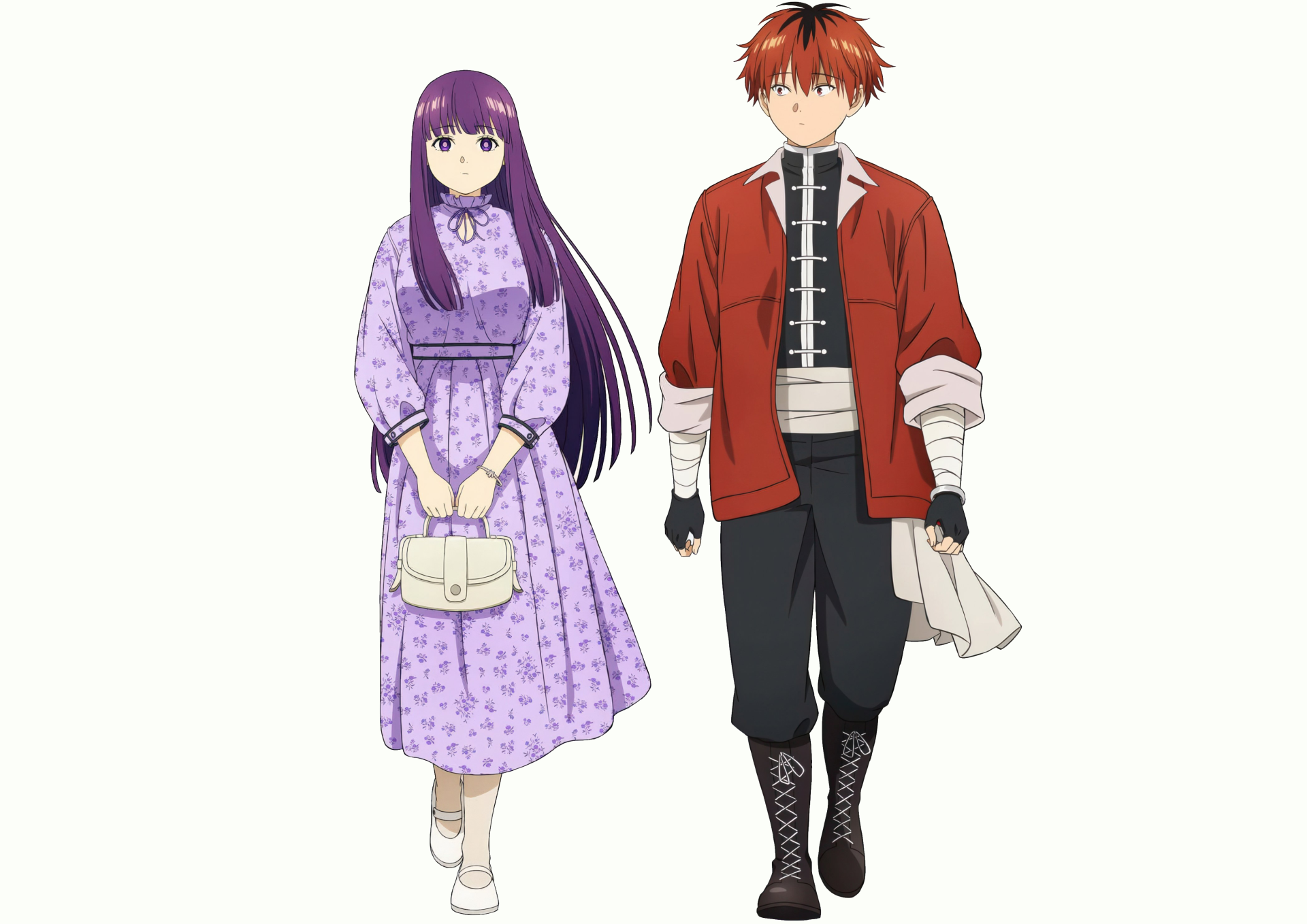4K Ultra HD PC desktop wallpaper and background — Anime: Frieren: Beyond Journey's End featuring Fern in a lilac dress and Stark in a red jacket walking side by side on a white background.