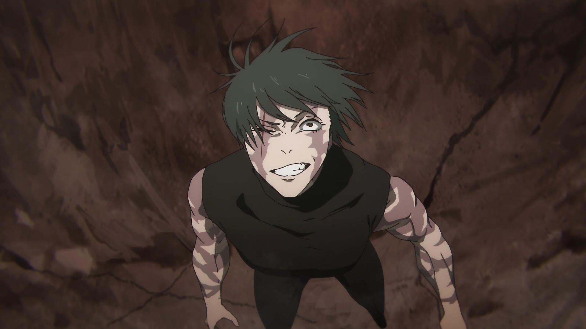 Anime Jujutsu Kaisen — Maki Zenin, 4K Ultra HD PC desktop wallpaper: grinning fiercely, torn sleeves and dark scarf, viewed from above against cracked earth.