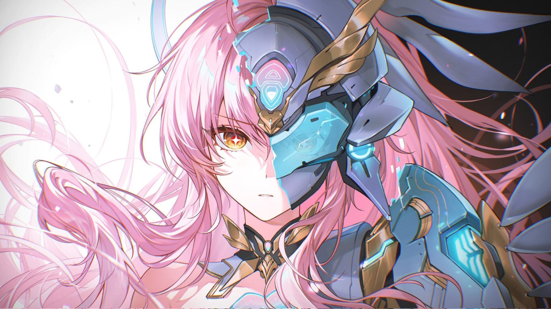 HD PC wallpaper of Aemeath (Wuthering Waves): pink‑haired ARPG heroine with flowing hair and a blue cybernetic half‑mask.