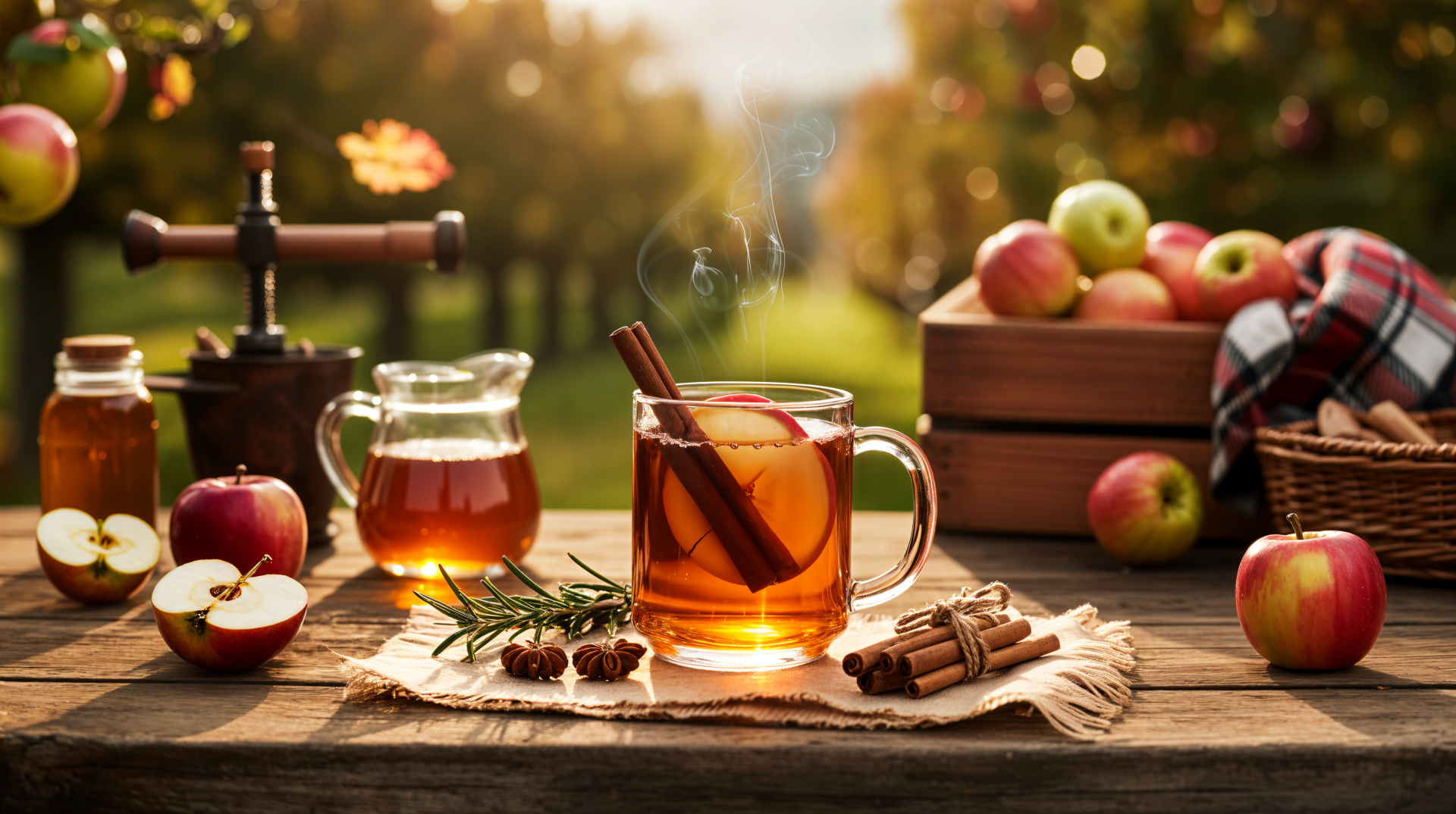 4K Ultra HD PC desktop wallpaper: steaming mug of spiced apple cider with cinnamon sticks, fresh apples, jars and a cider press on a rustic table in a sunlit orchard.