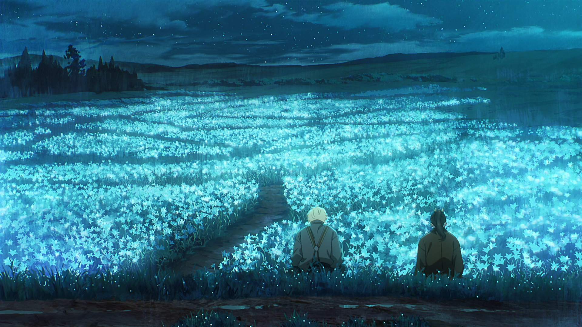 Anime movie Love Through a Prism HD PC desktop wallpaper/background: two figures overlooking a glowing blue flower field beneath a starry night sky.