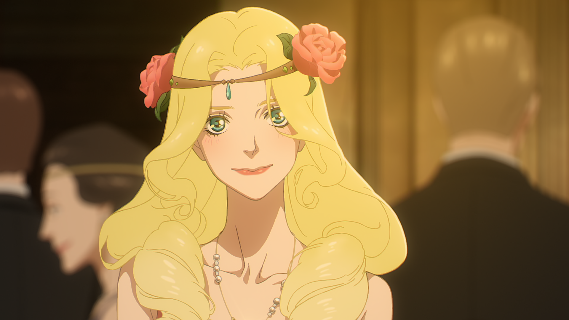 HD PC desktop wallpaper from the anime movie Love Through a Prism: a smiling blonde woman with rose crown and jeweled headpiece in a warm, softly lit ballroom.