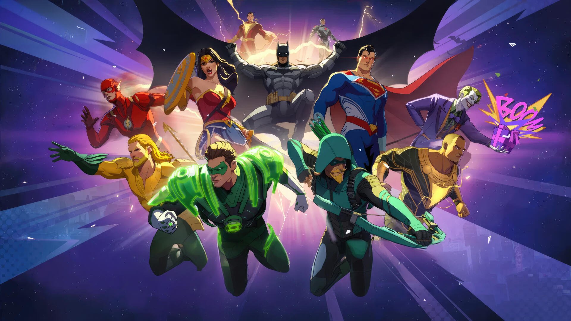 2K Quad HD PC desktop wallpaper/background for mobile game DC: Dark Legion depicting Batman, Superman, Wonder Woman, Flash, Green Lantern and allies charging forward.