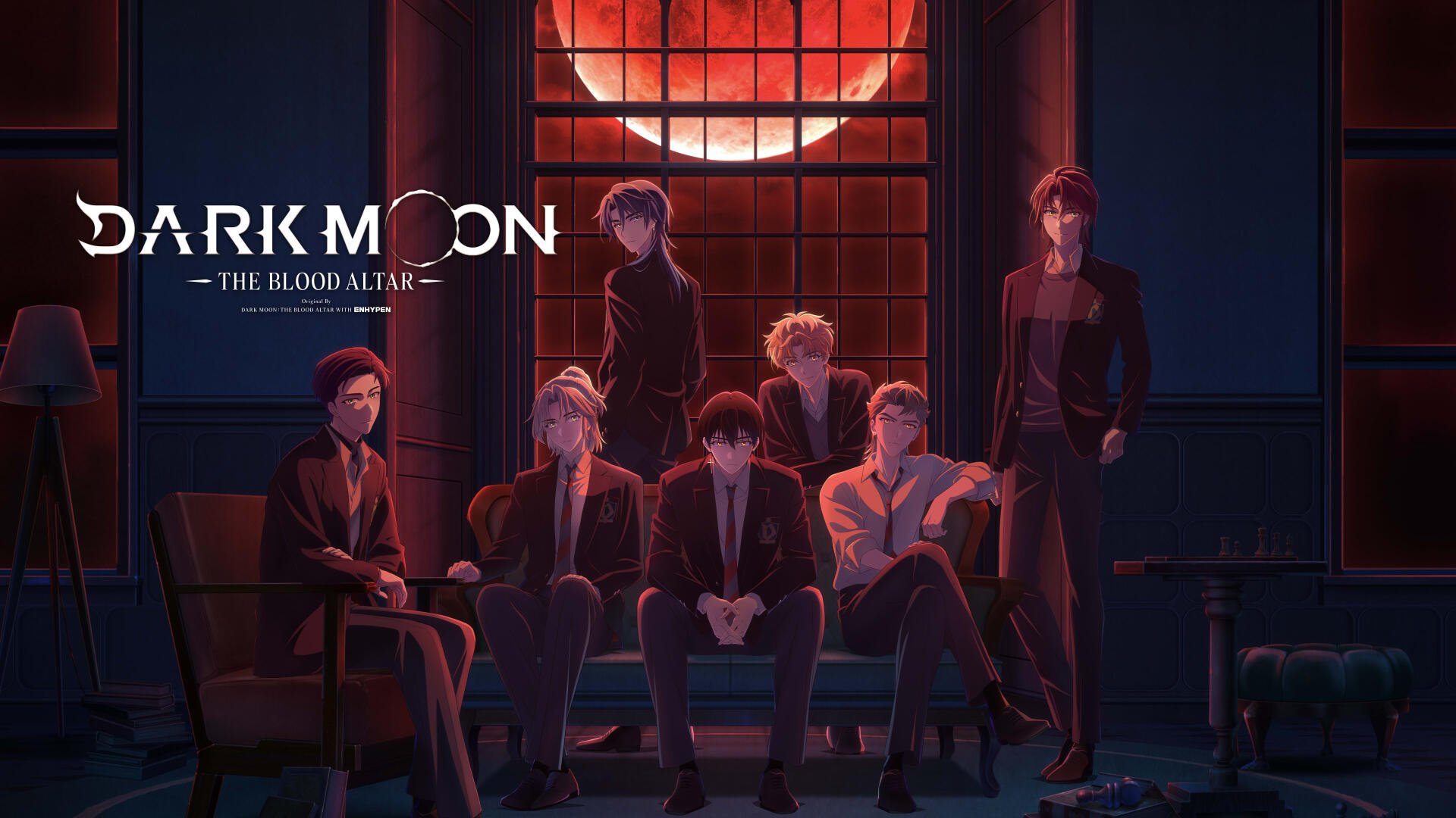 Dark Moon: The Blood Altar red-toned anime wallpaper — seven brooding male characters seated in a dim room beneath a large red moon; 4K Ultra HD PC desktop background.