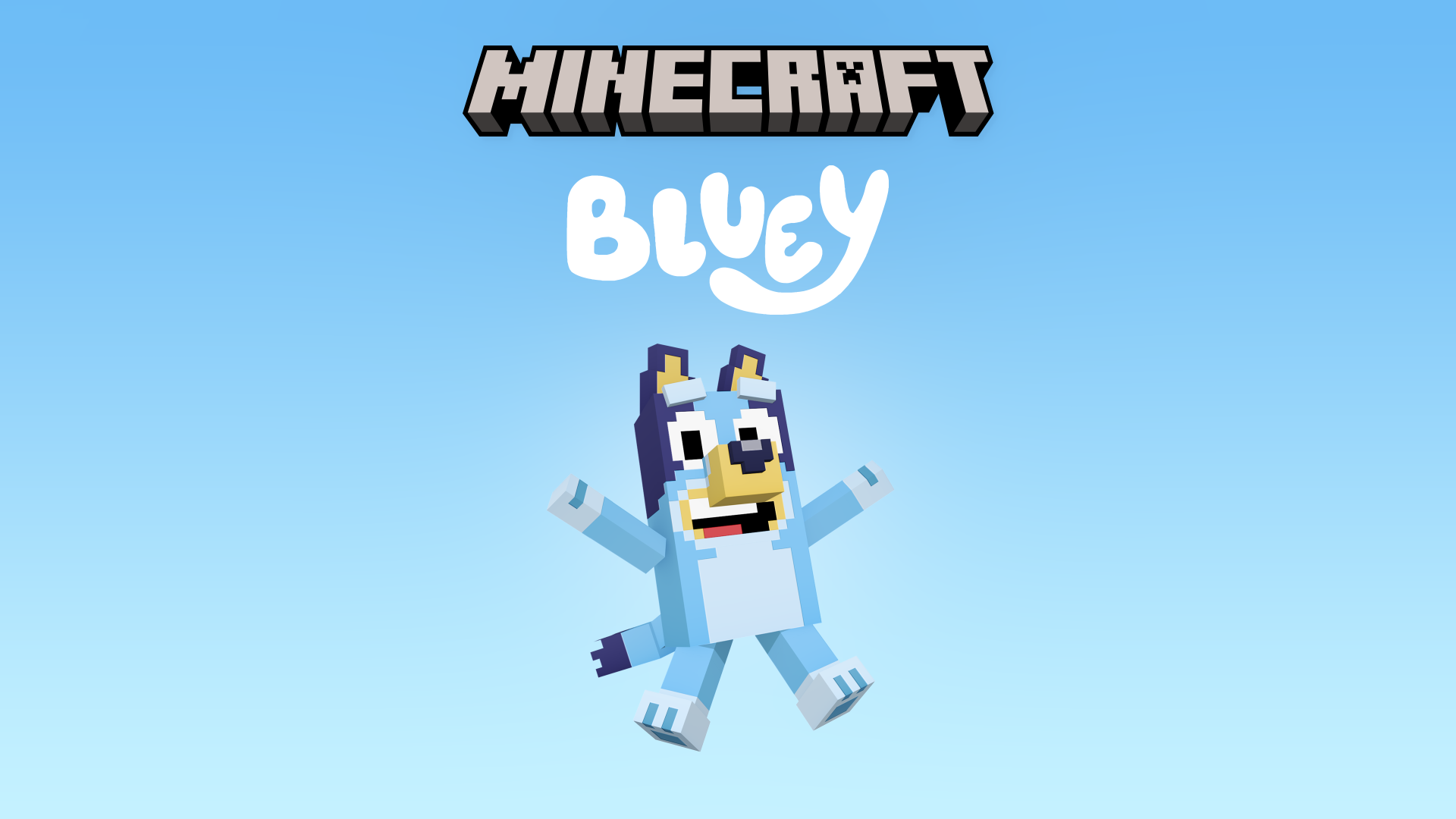 4K Ultra HD PC desktop wallpaper — Minecraft x Bluey crossover: blocky Bluey character jumping beneath the Minecraft logo on a clear blue sky background.