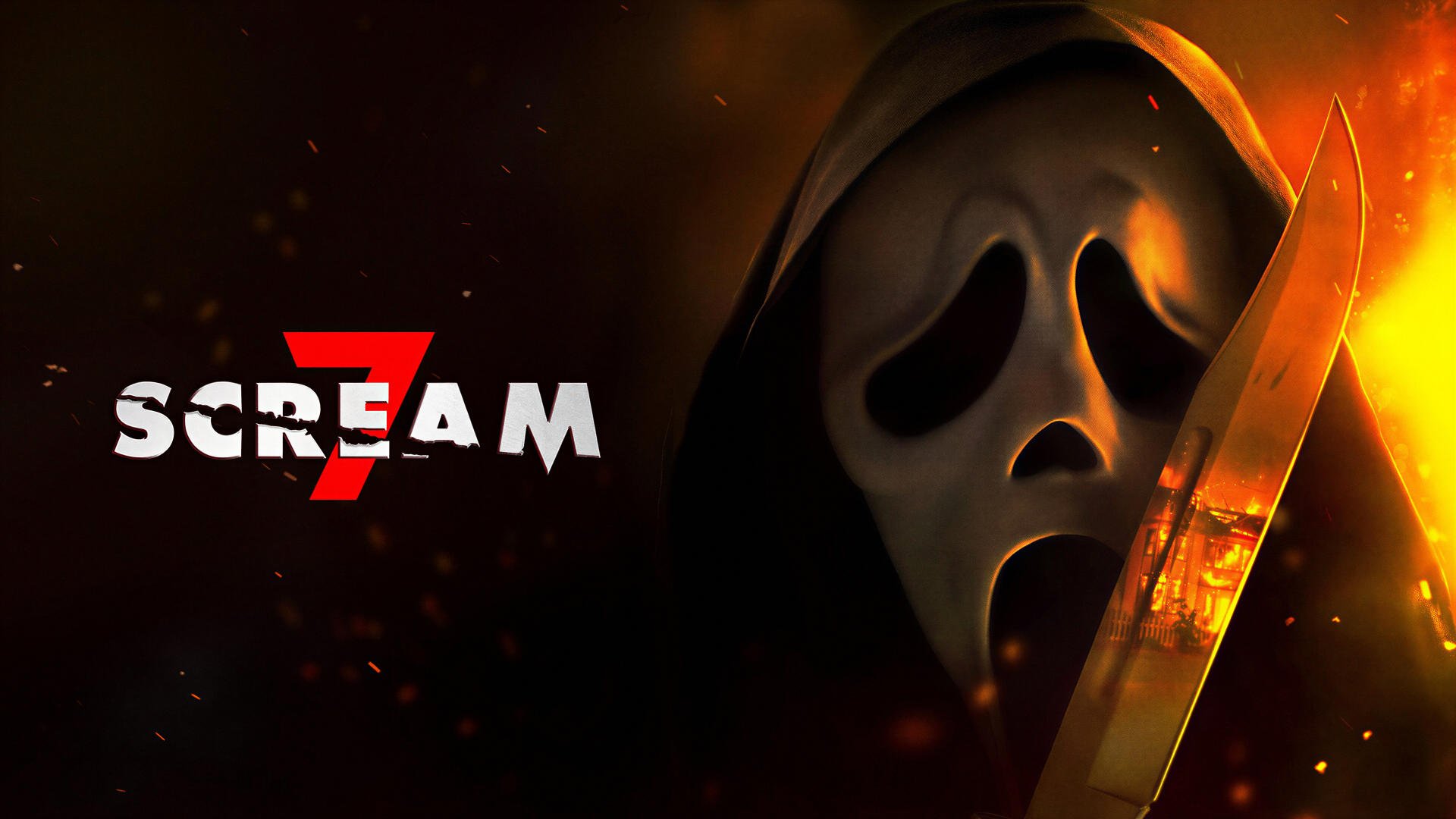 Scream 7 Ghostface close-up with glowing knife and fiery embers, hooded, open-mouthed mask — 4K Ultra HD PC desktop wallpaper and background.
