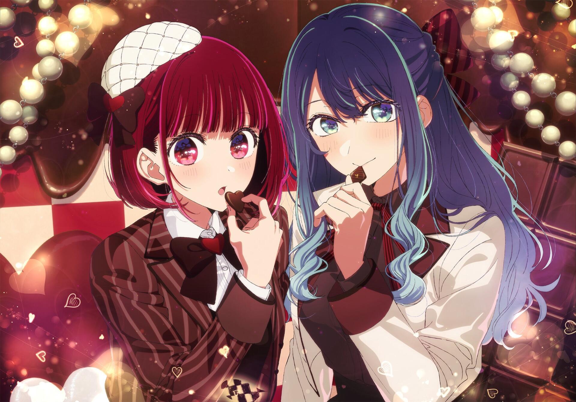 HD PC desktop wallpaper: Anime Oshi no Ko — Kana Arima and Akane Kurokawa share chocolates in a warm, elegant cafe setting with detailed colors and bokeh lights.