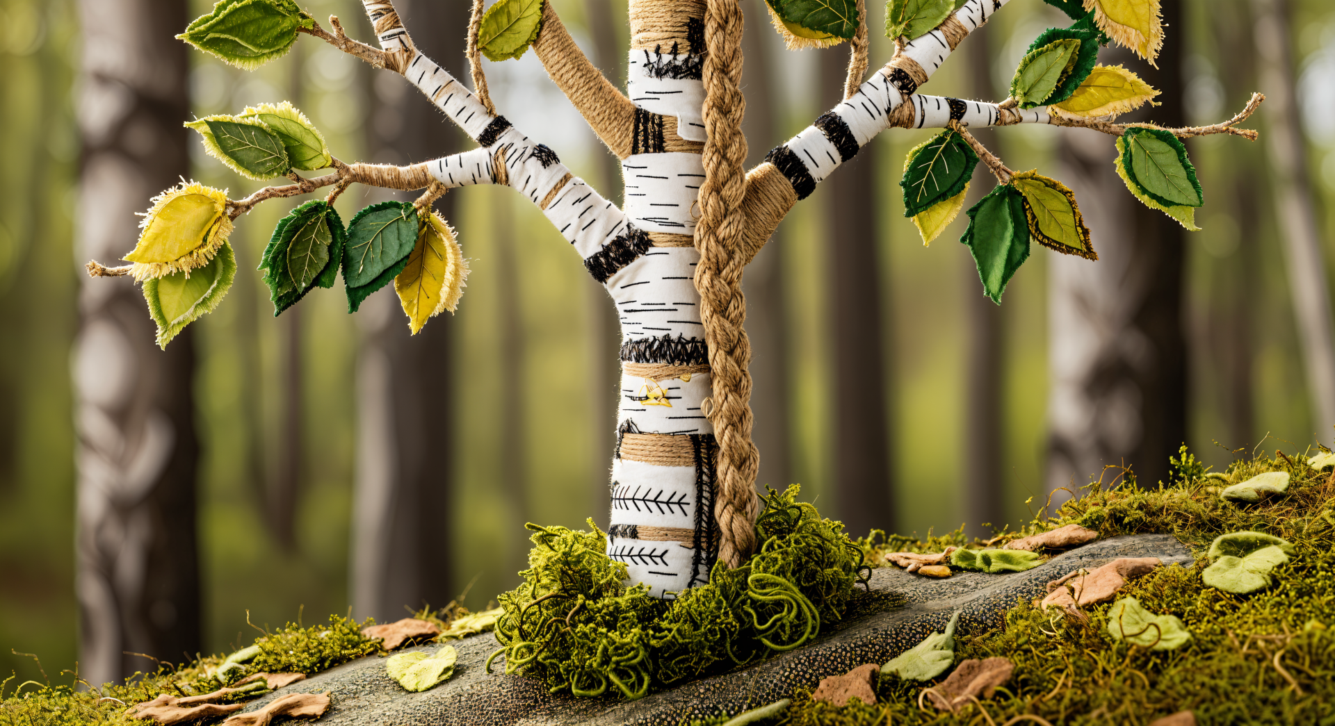 4K Ultra HD PC desktop wallpaper: close-up of a birch with braided trunk, green and yellow leaves, moss-covered forest floor and softly blurred trees beyond.