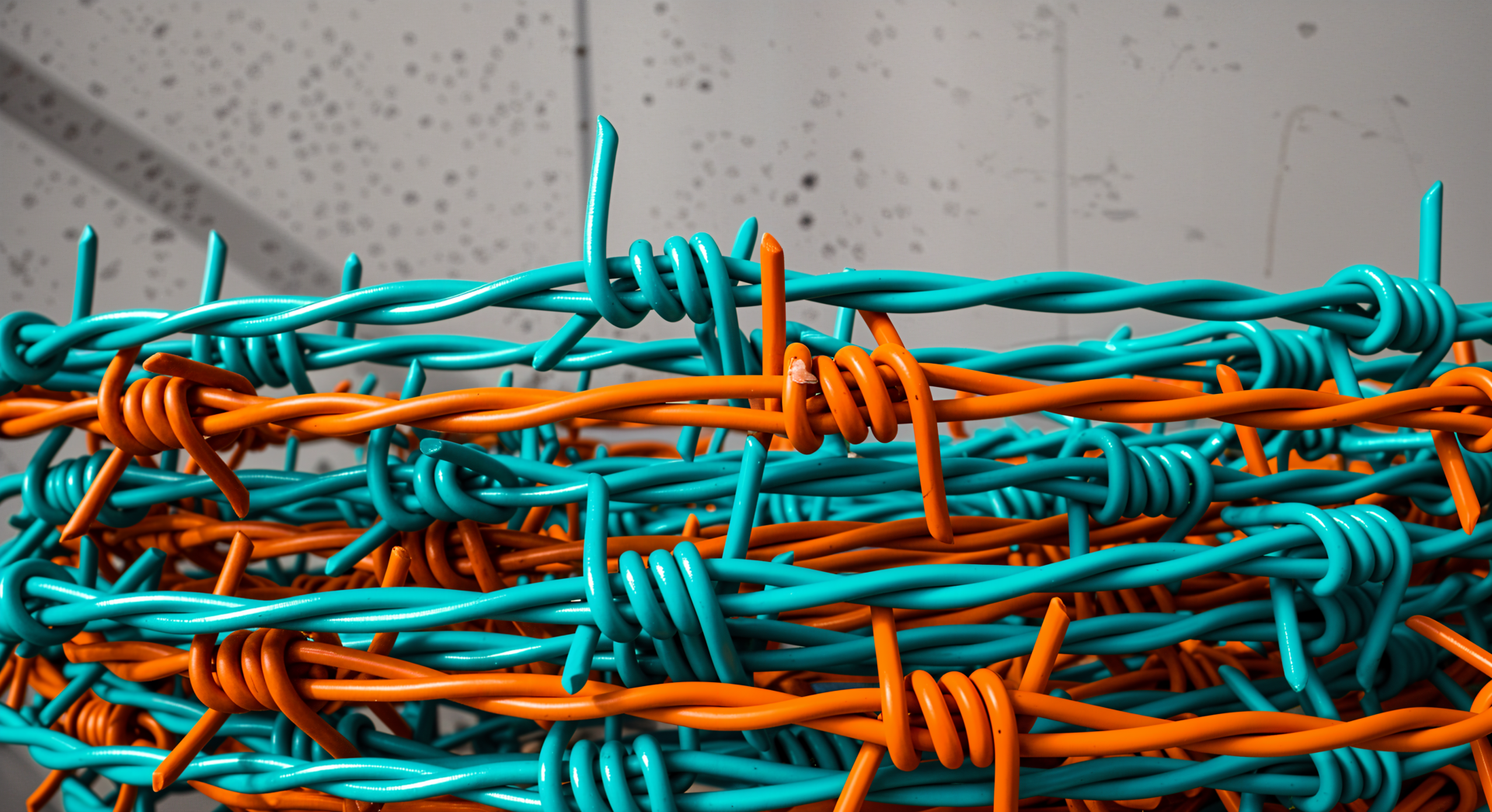 Close-up 4K Ultra HD PC desktop wallpaper of intertwined turquoise and orange barbed wire against a blurred concrete background.