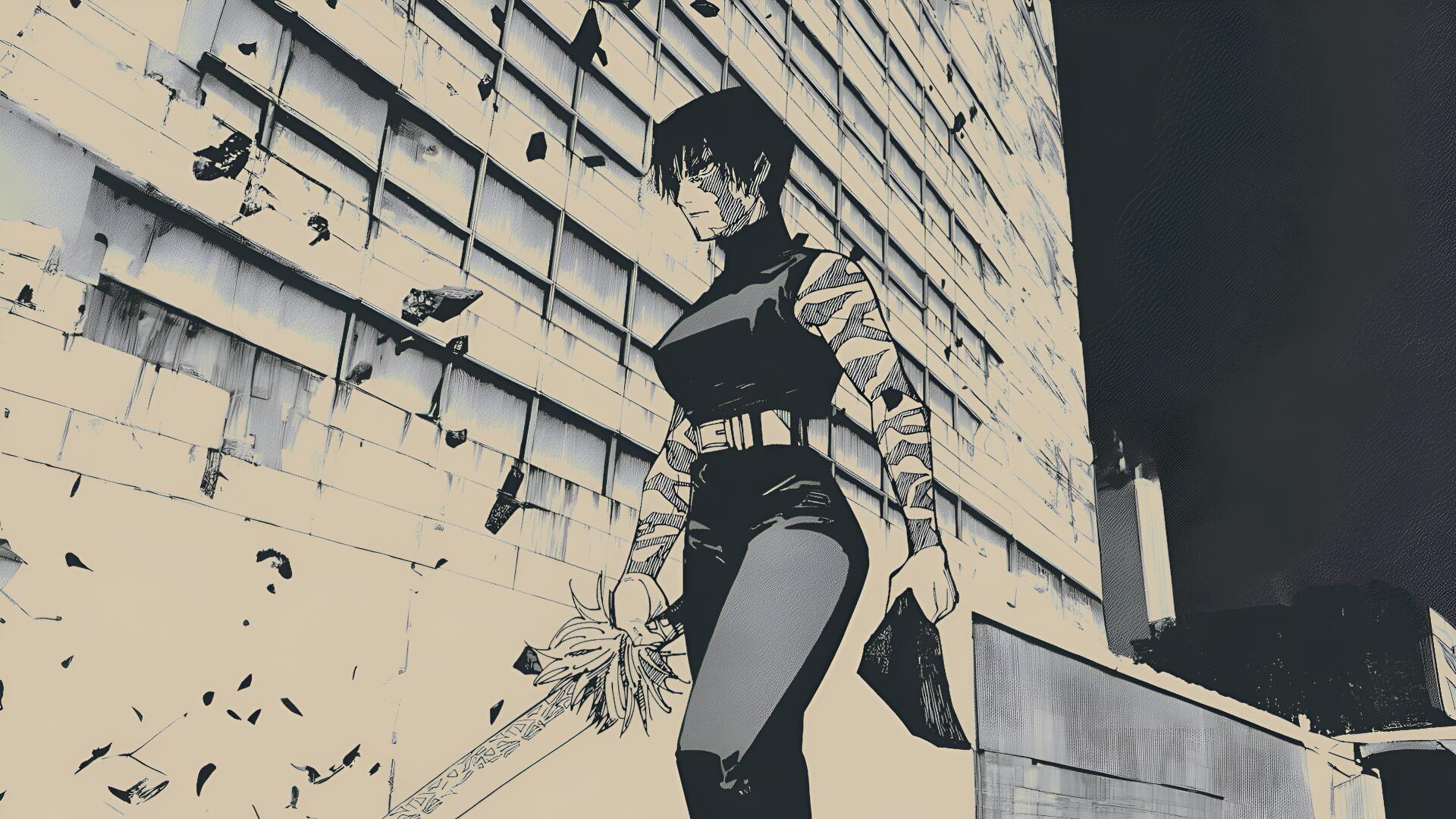 Gruvbox-toned manga wallpaper of Maki Zenin (Jujutsu Kaisen 3rd Season) standing by a cracked urban wall — 2K Quad HD PC desktop background.