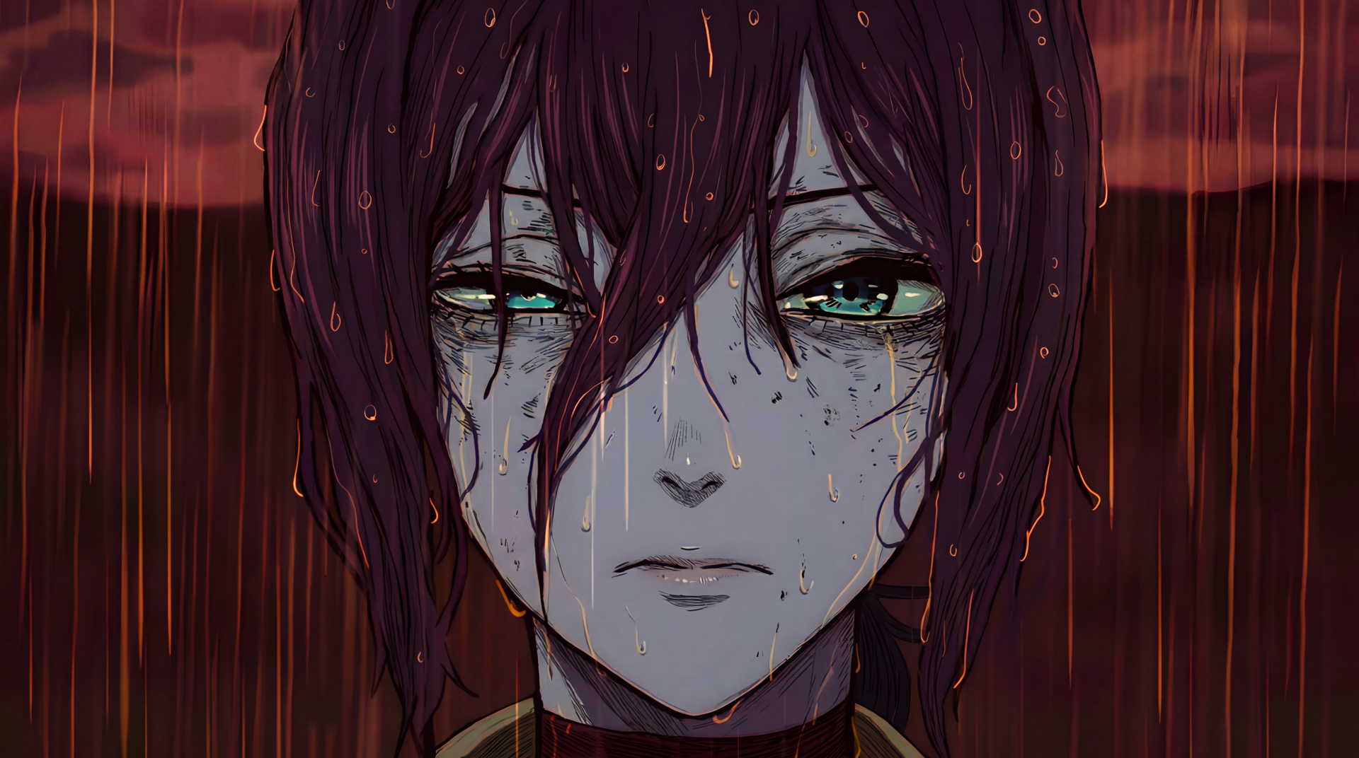 Reze from Chainsaw Man in the rain: close-up of an anime girl with wet dark hair and teal eyes, moody 5K Ultra HD PC desktop wallpaper background.