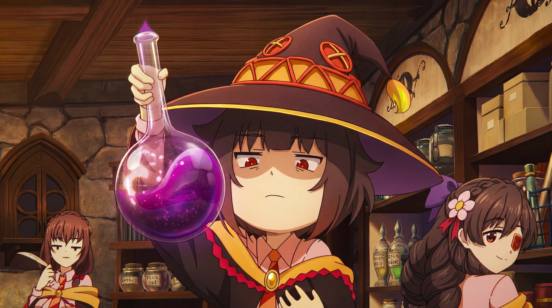 Megumin (KonoSuba) in her witch hat holding a bubbling purple potion with a deadpan look; cute, funny anime girl — 5K Ultra HD PC desktop wallpaper/background