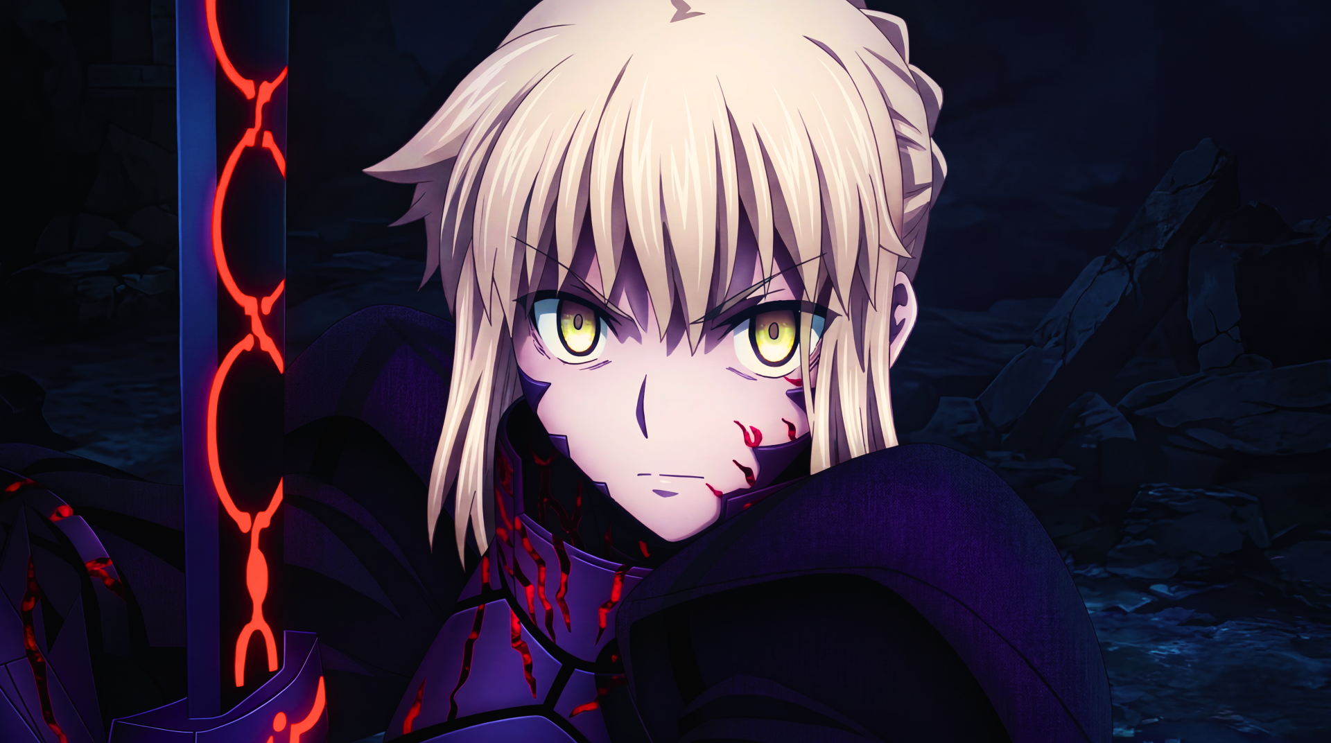 Saber (Fate) in battle — blood-scarred anime warrior with intense glowing eyes and a dark, rune-lit sword against a stormy night. 5K Ultra HD PC desktop wallpaper/background.